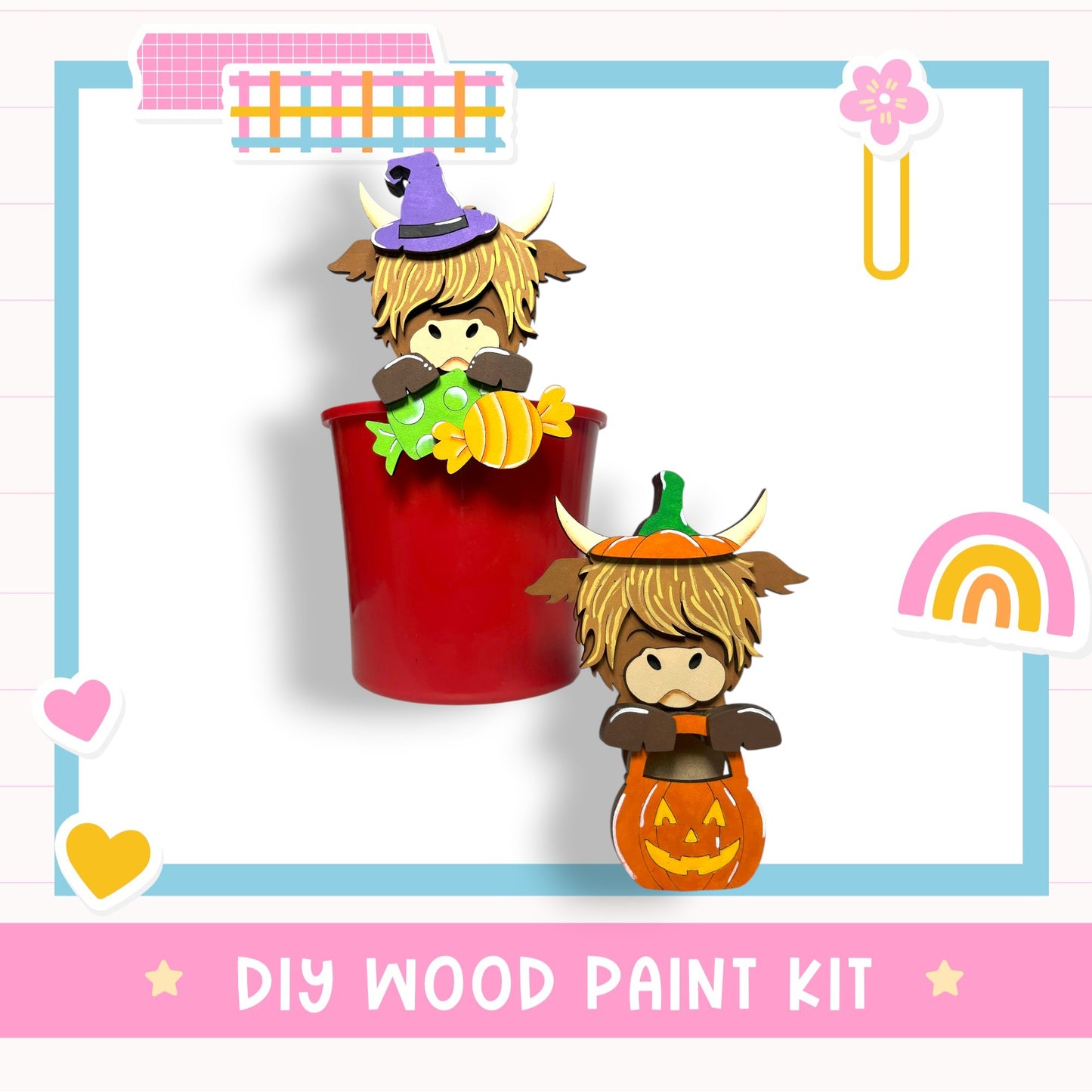 The image is a DIY wood paint kit featuring two wooden cow figurines, one wearing a witch's hat and the other a pumpkin hat, along with a red bucket and a rainbow-colored background.