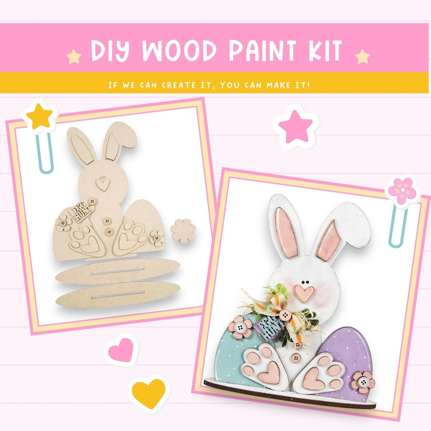 a wooden craft kit with a bunny and a bunny in a basket