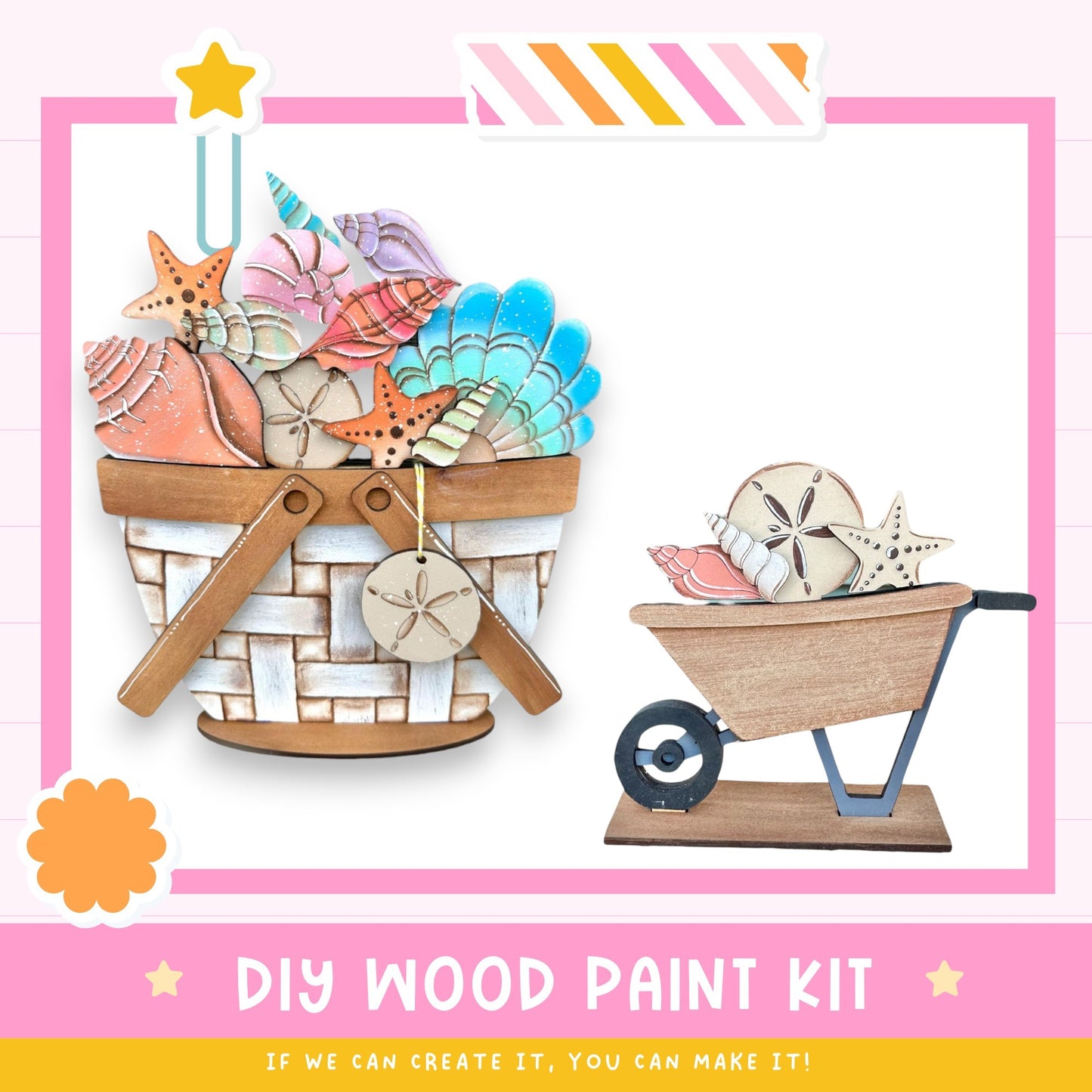 a DIY wood paint kit, with a basket filled with various seashells and starfish, and a wooden wheelbarrow with seashells and starfish on top. The kit appears to be made of wood and is designed for creating custom painted designs using the provided seashells and starfish.