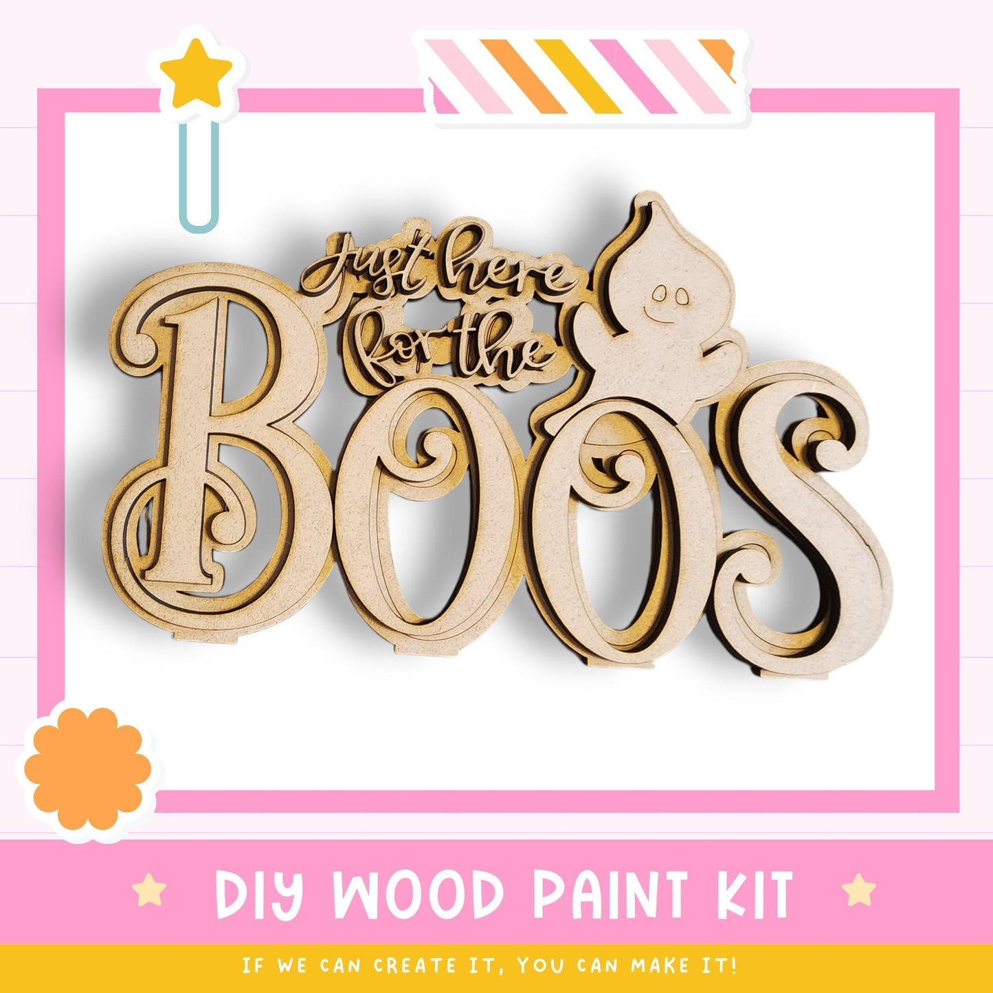 a DIY wood paint kit for creating a Halloween decoration, specifically a "Just there for the Boos" sign.