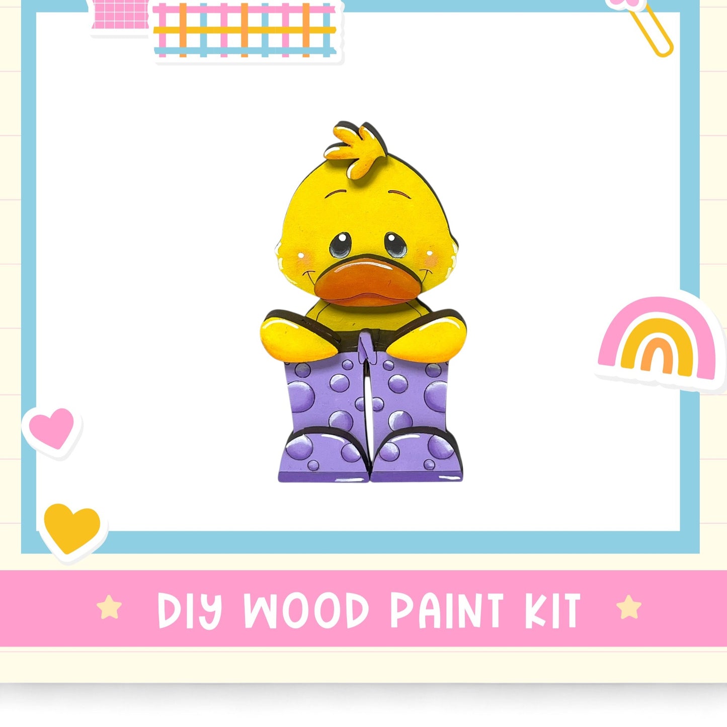 a yellow duck wearing purple polka dot boots, surrounded by various colorful stickers and hearts.