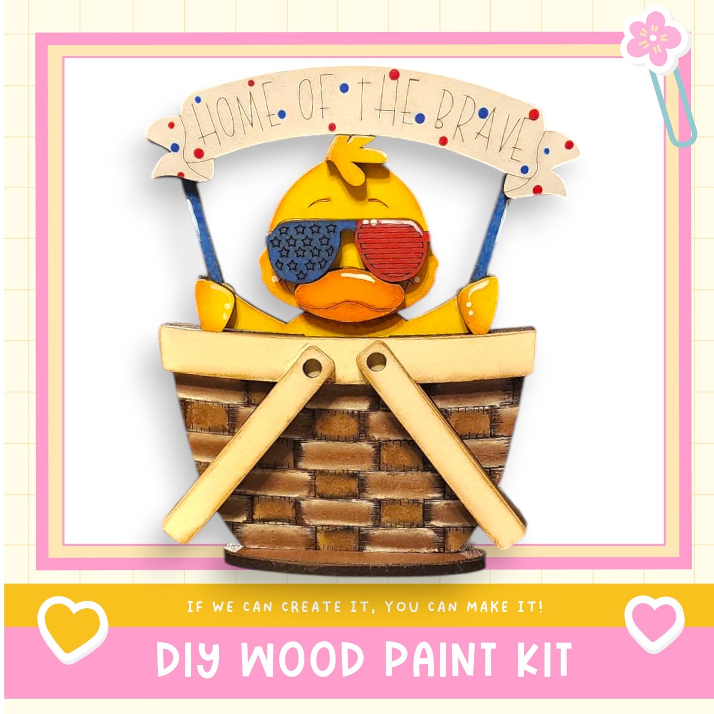 a wooden ducky with sunglasses sitting in a basket
