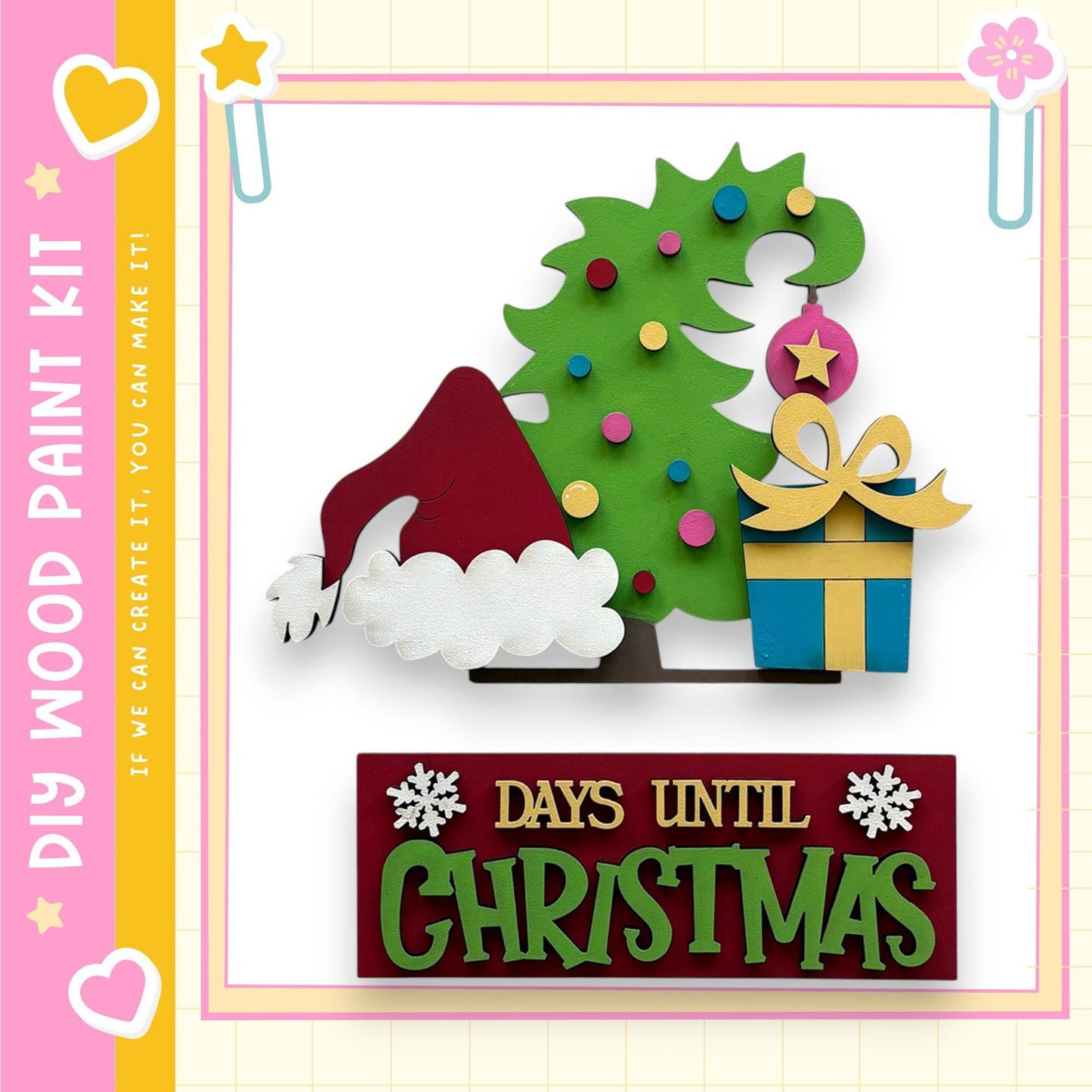 The image is a collage featuring a Christmas tree, a Santa hat, a gift box, and a sign that says "DAYS UNTIL CHRISTMAS".