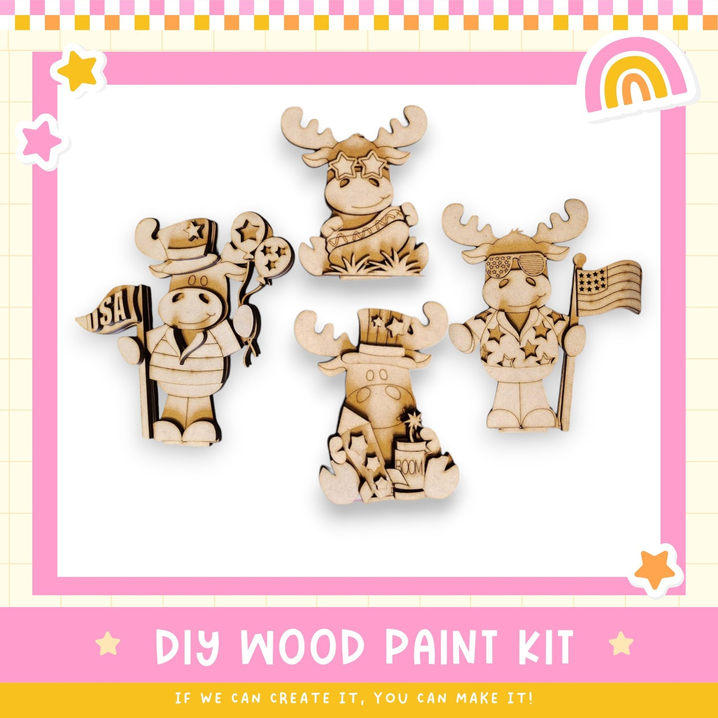 a picture of a wooden craft kit with a picture of some animals