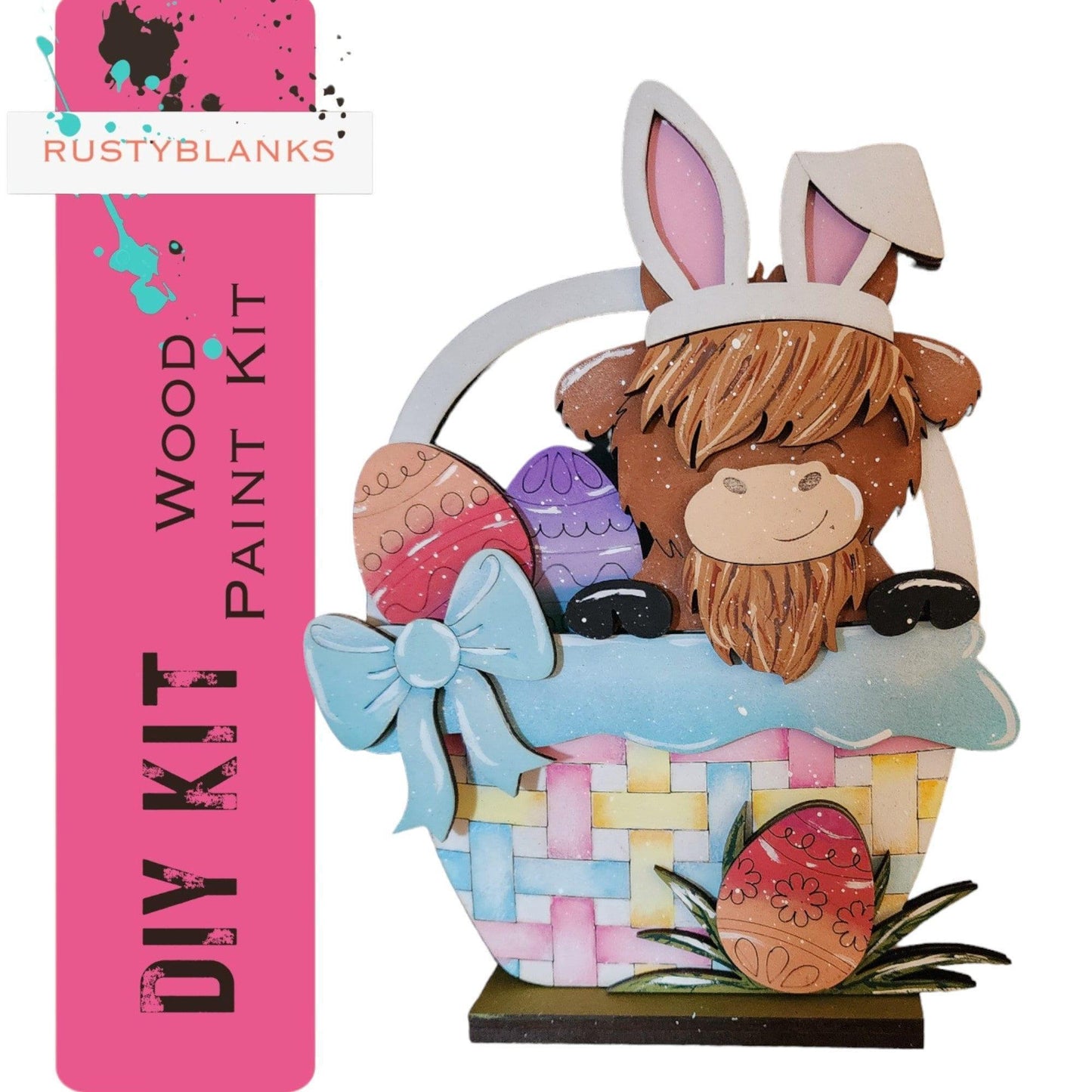 Easter Highland Cow with bunny ears in Basket DIY Shelf Sitter Craft - Great Gift for Mom - RusticFarmhouseDecor