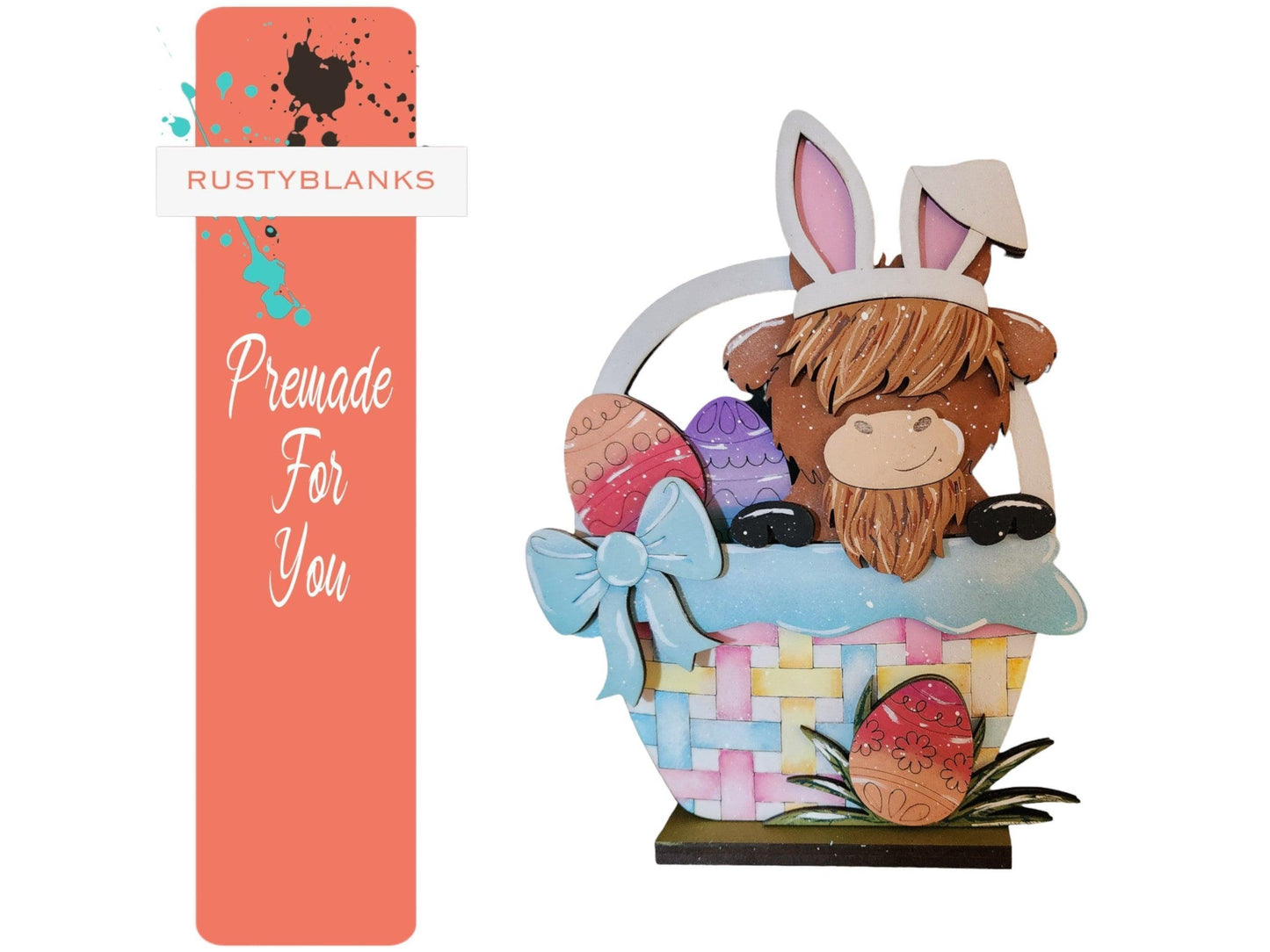 Easter Highland Cow with bunny ears in Basket Shelf Sitter - Great Gift for Mom - RusticFarmhouseDecor