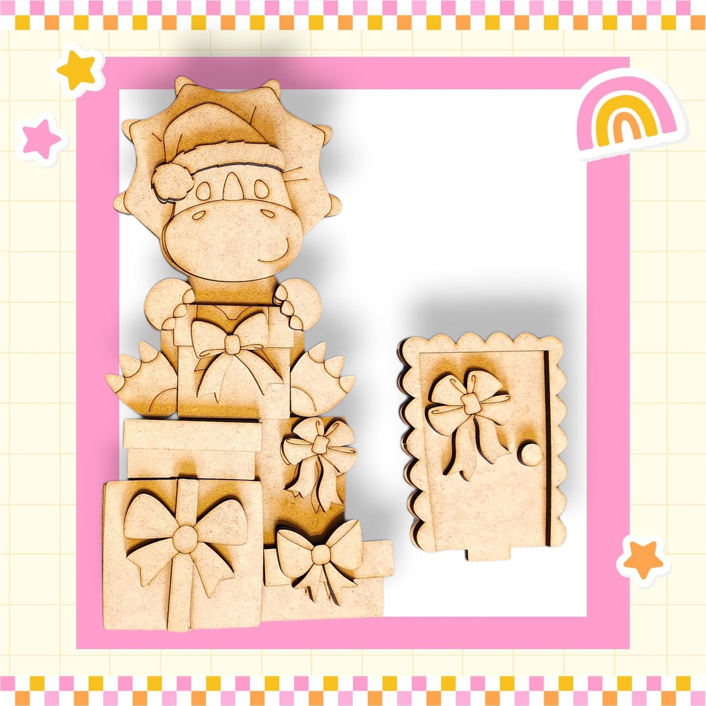 A wooden toy figure wearing a Santa hat and holding a gift box, surrounded by other wooden shapes and decorations, all set against a pink and yellow checkered background.