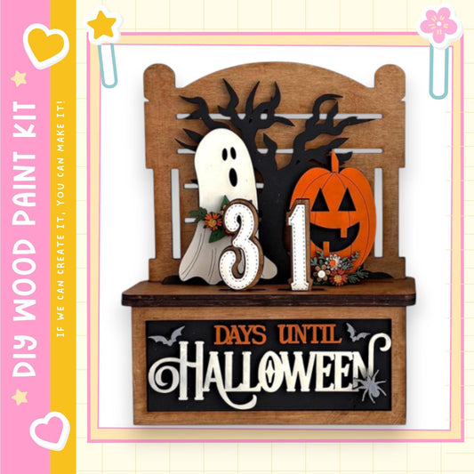 A Halloween-themed display with a wooden bench, a ghost, a jack-o-lantern, and a sign that says "31 DAYS UNTIL HALLOWEEN".