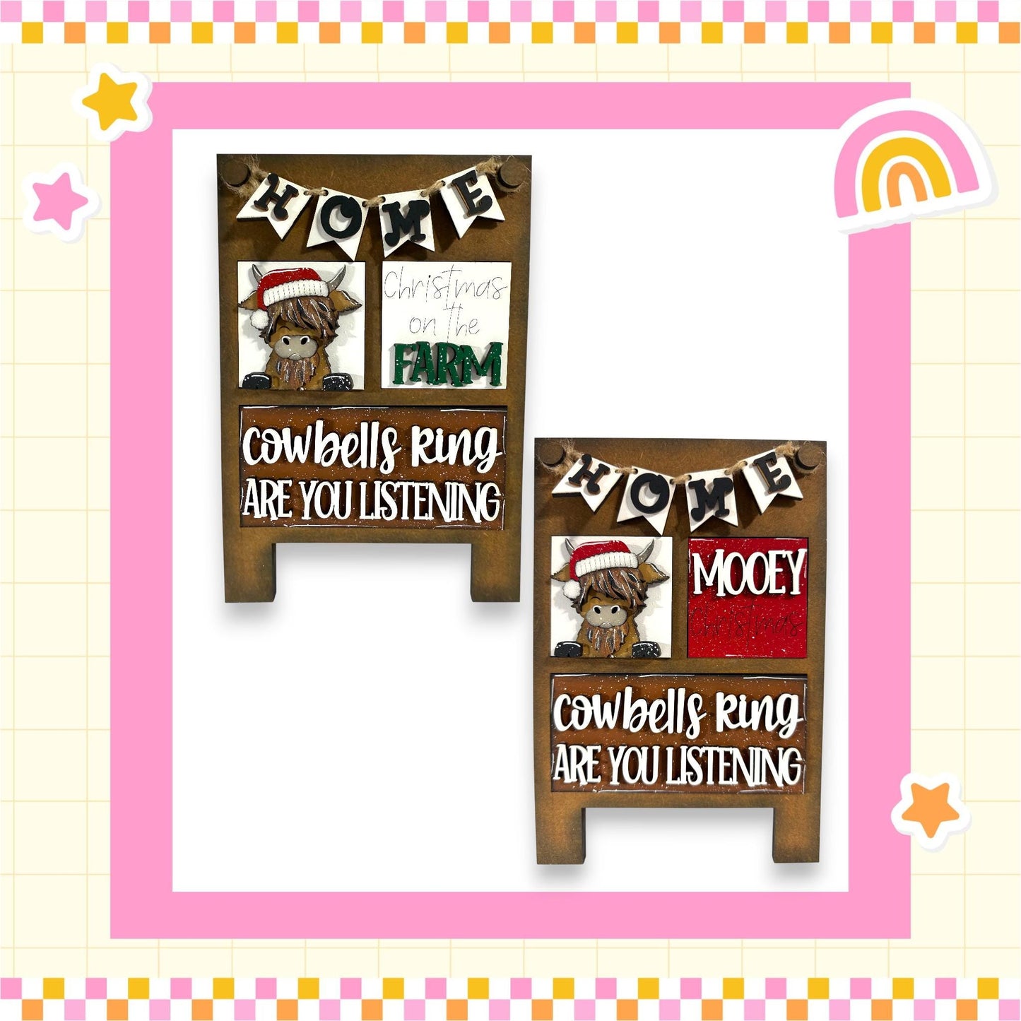two wooden signs with a cartoon cow and the text "Home" and "Cows are Ring Are You Listening" written on them.
