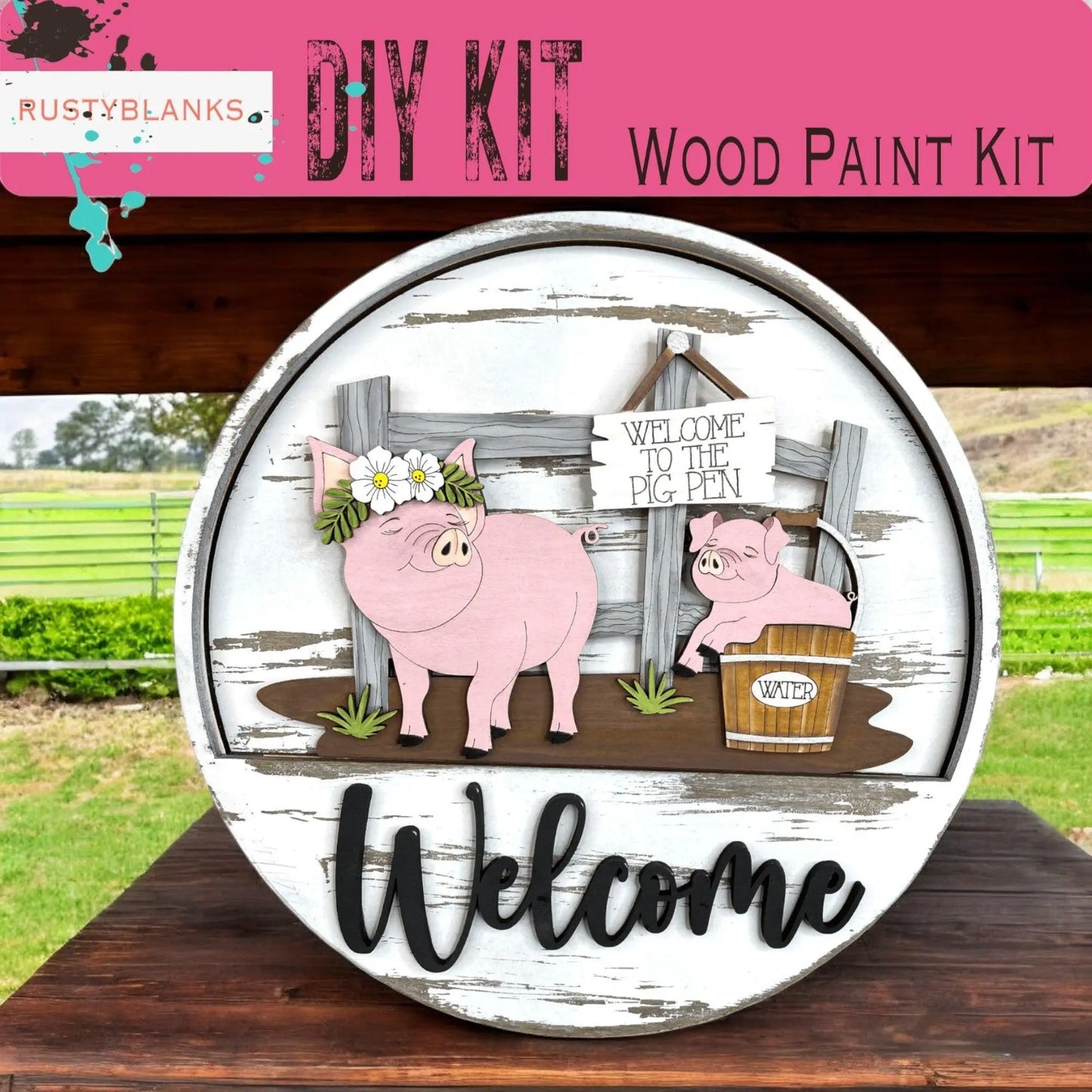 a welcome sign with two pigs on it