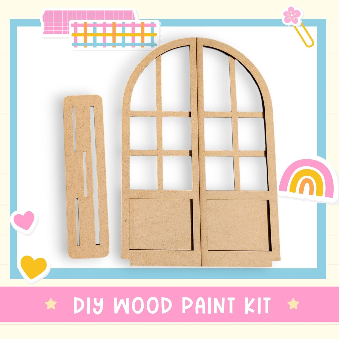 a DIY wood paint kit, including a wooden door and a wooden board, with various colorful stickers and illustrations surrounding the kit.