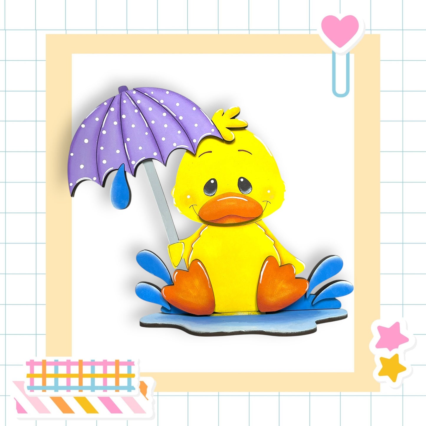 A yellow duck holding a purple polka dot umbrella, sitting in a puddle, with a heart and stars in the background.