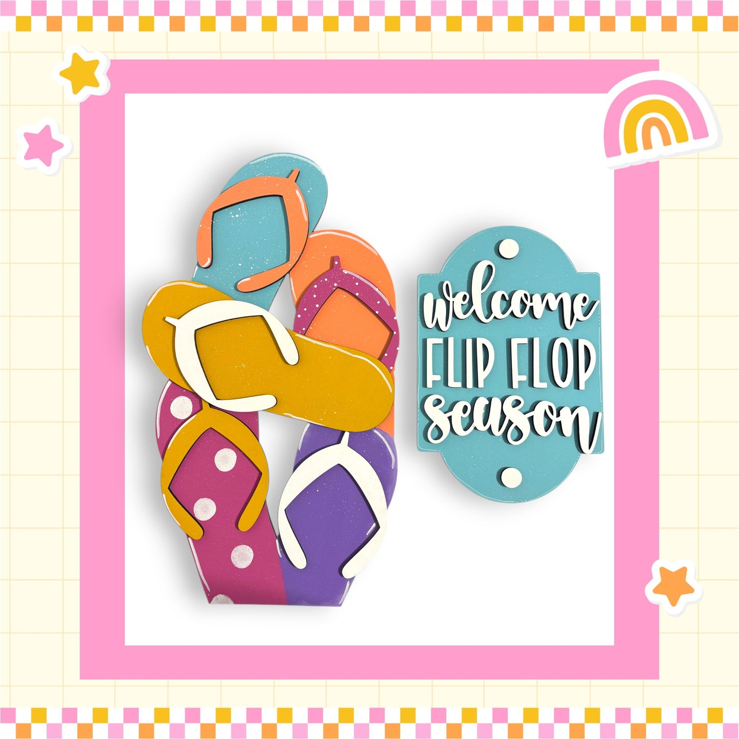a collection of colorful flip flops arranged in a playful manner, with a sign that reads "Welcome Flip Flop Season" in the background.