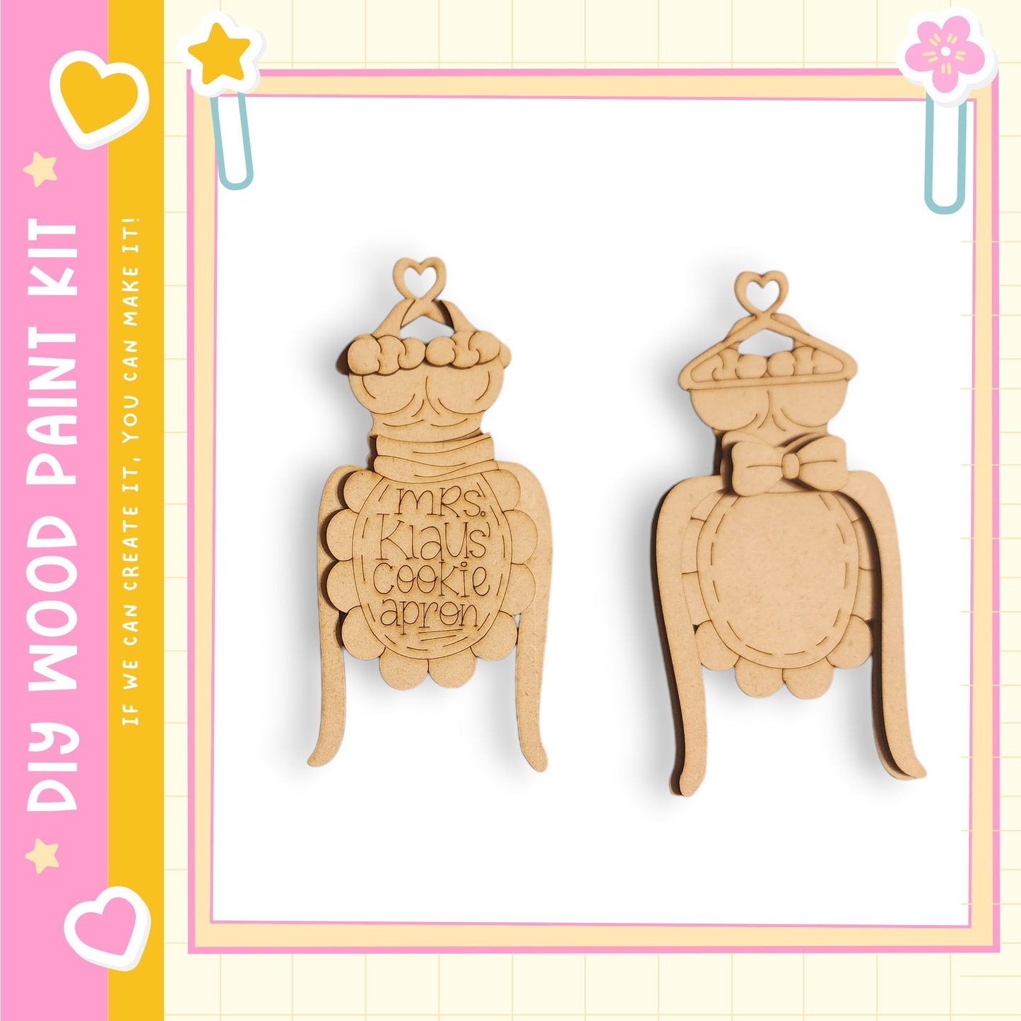 two wooden ornaments, each with a heart-shaped design, attached to a frame. The ornaments appear to be made of wood and are displayed against a white background.