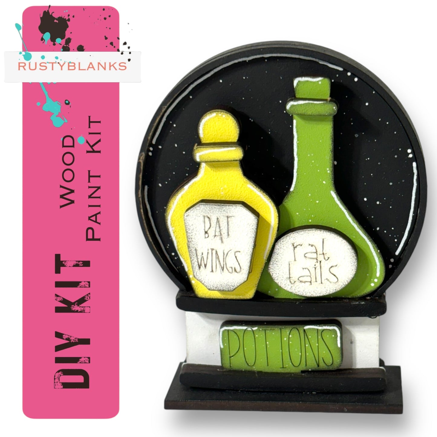 a DIY paint kit for creating a wooden prop with two bottles labeled "bat wings" and "rat tails" against a black background with a starry effect.