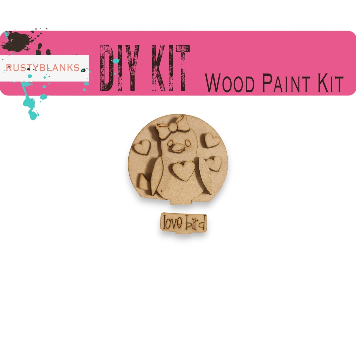 The image is a pink banner with the text "DIY KIT" and "Wood Paint Kit" written on it. Below the banner, there is a wooden bird-shaped object with heart-shaped cutouts.