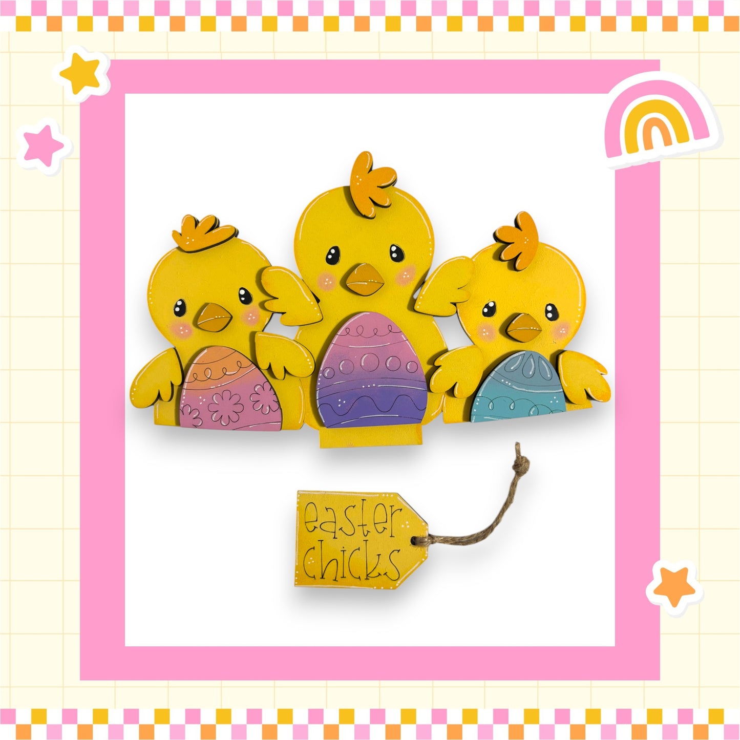 A group of three cheerful yellow chicks, each holding an Easter egg, are depicted in a cheerful Easter-themed illustration.