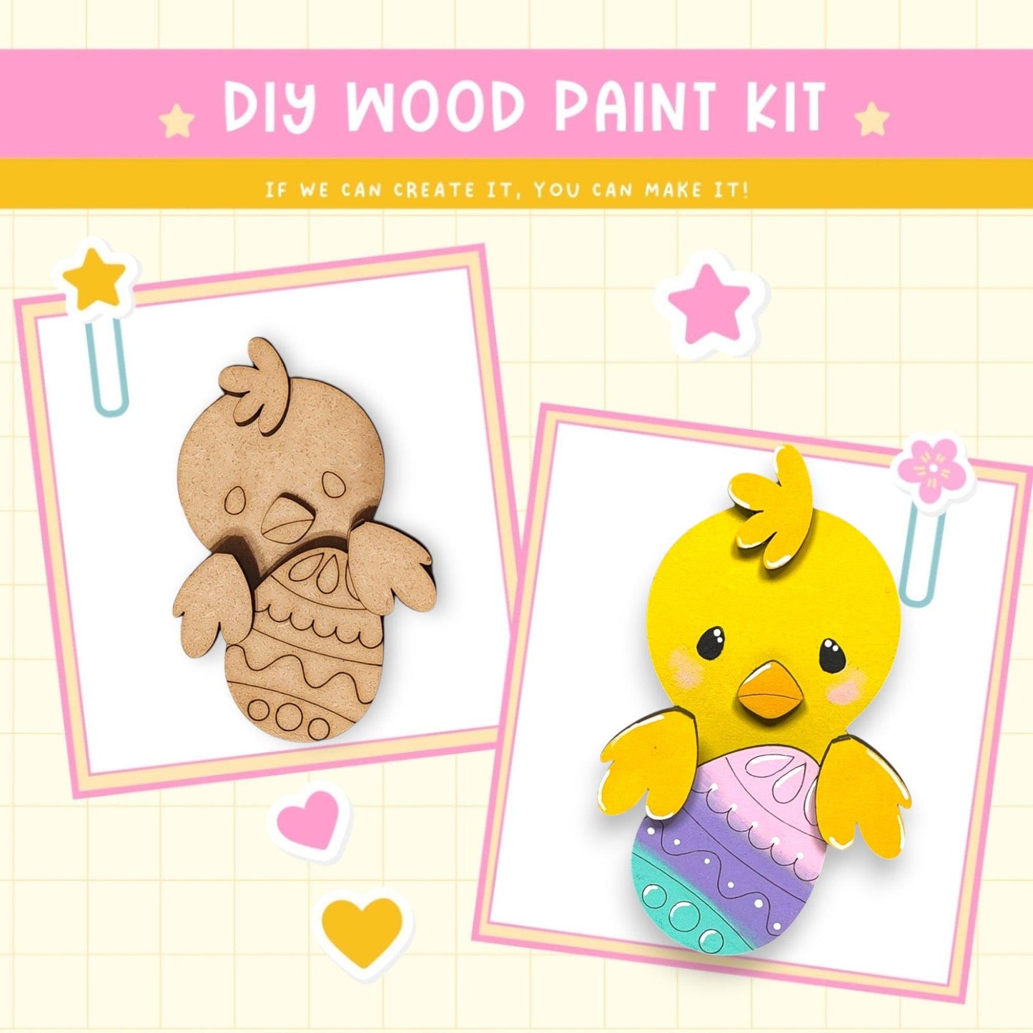 a wooden craft kit with two pictures of a duck and a duckling