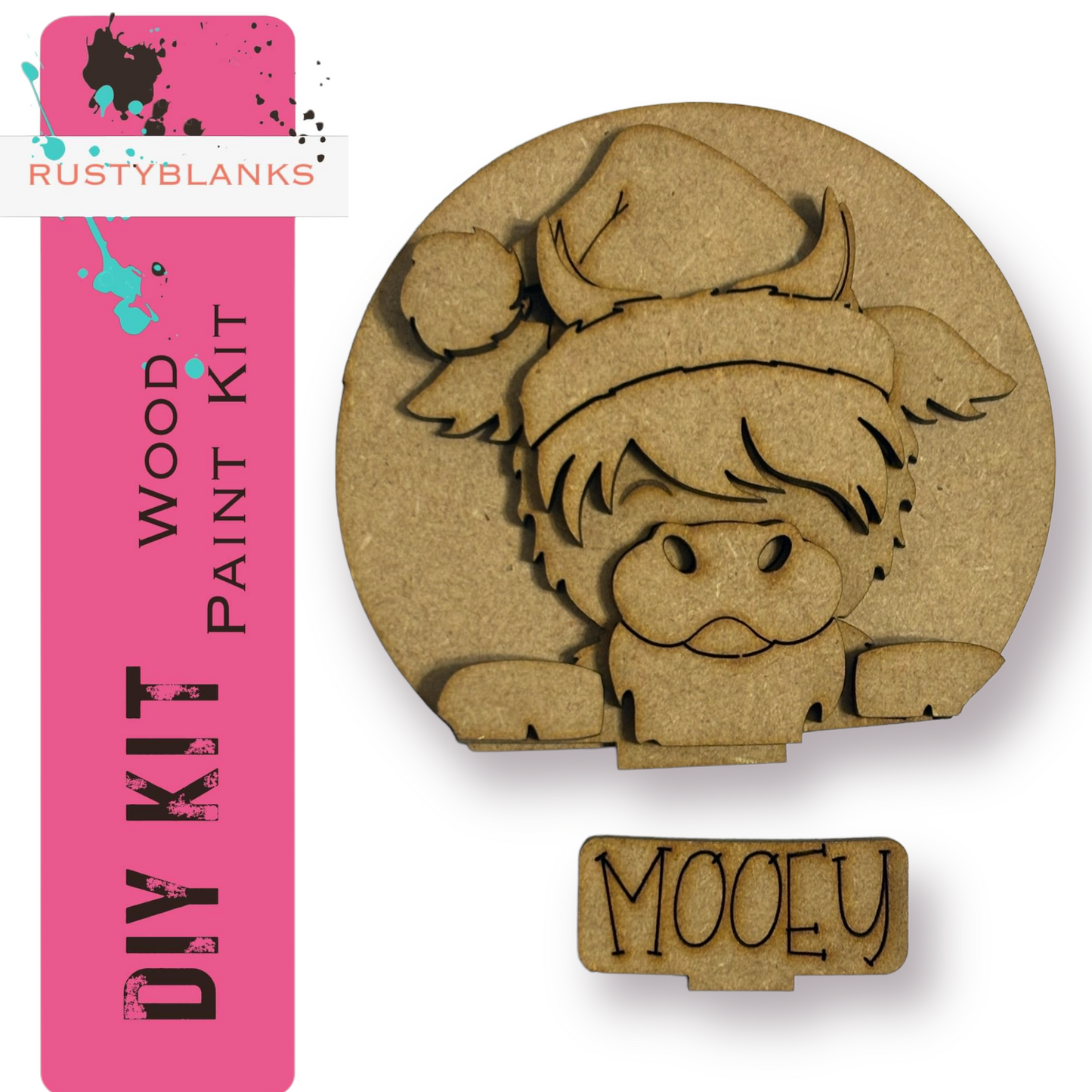 a DIY kit for creating a wooden character, specifically a moose, with a nameplate.