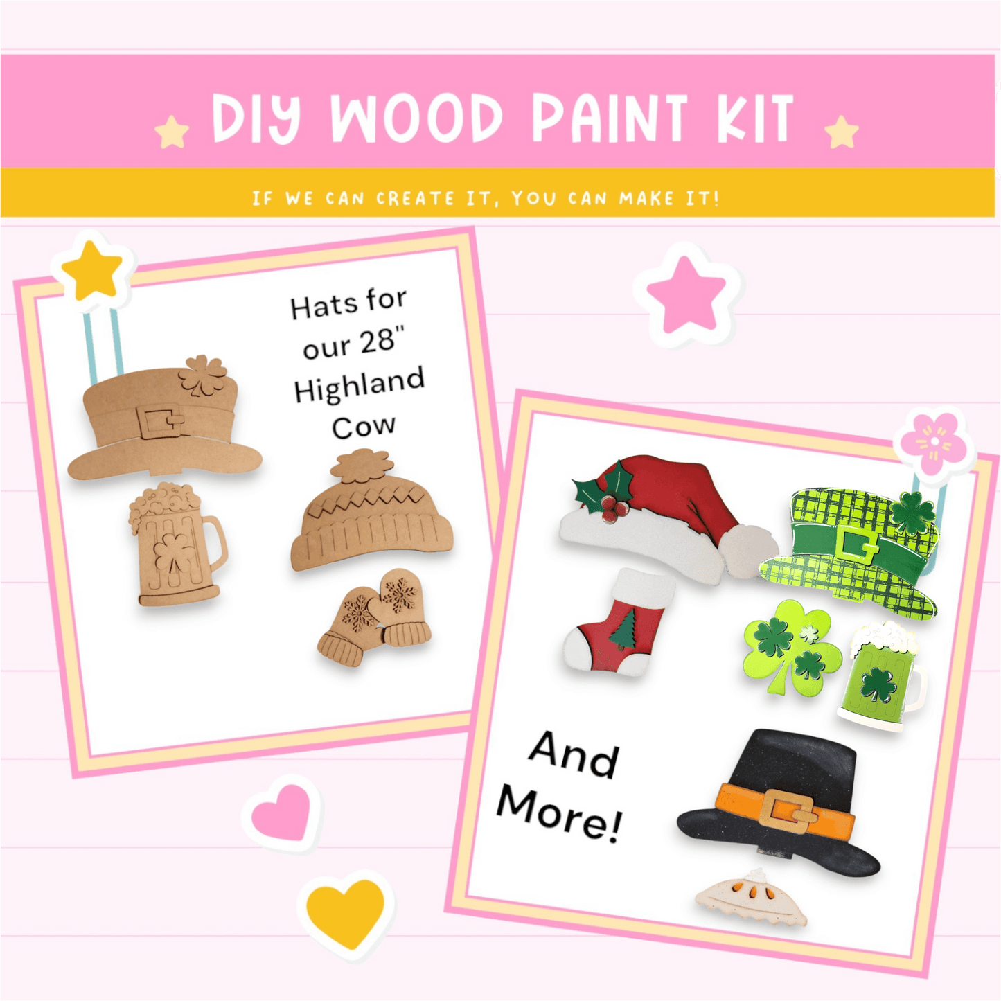 a wooden craft kit with a picture of hats and other items