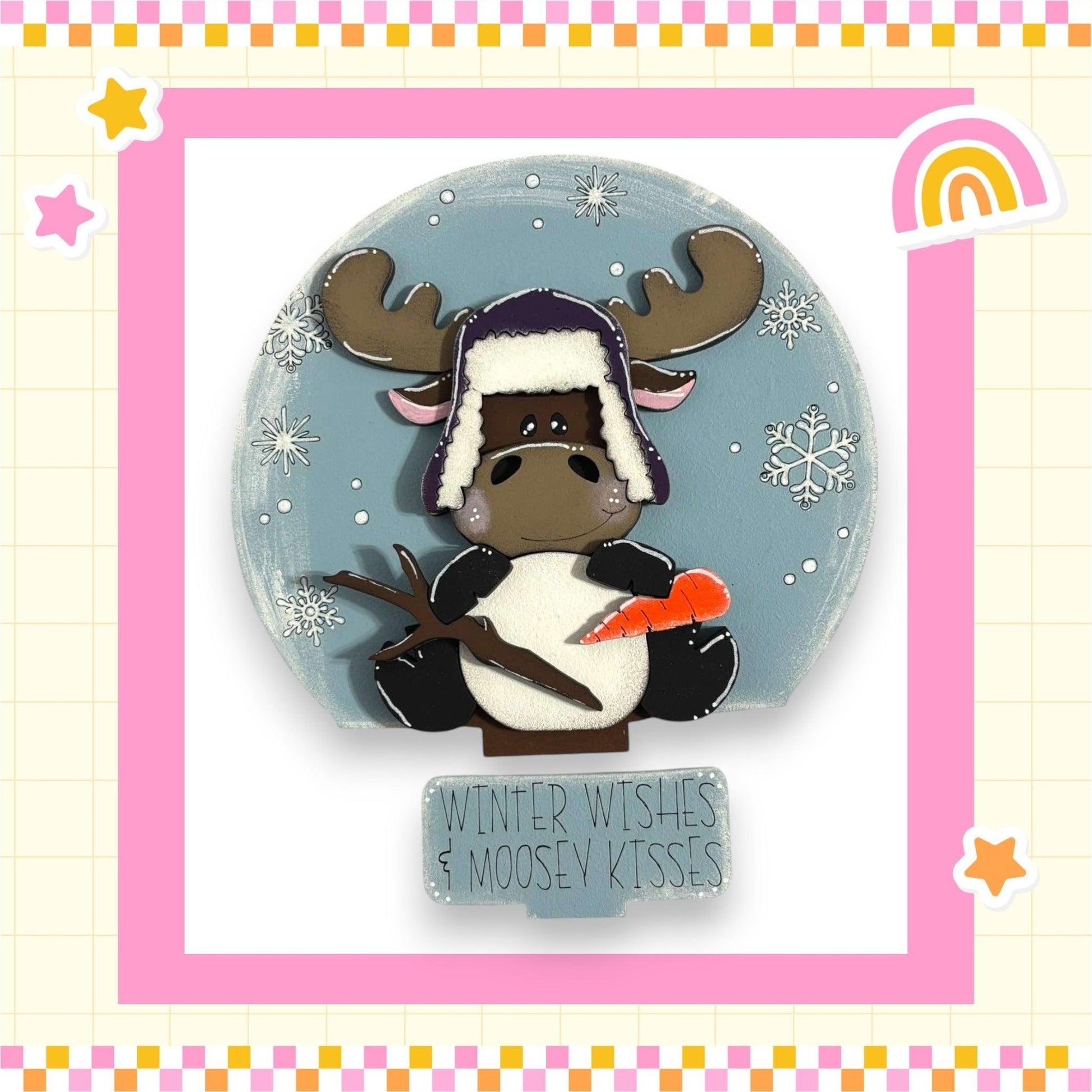 a picture of a moose wearing a hat and holding a carrot