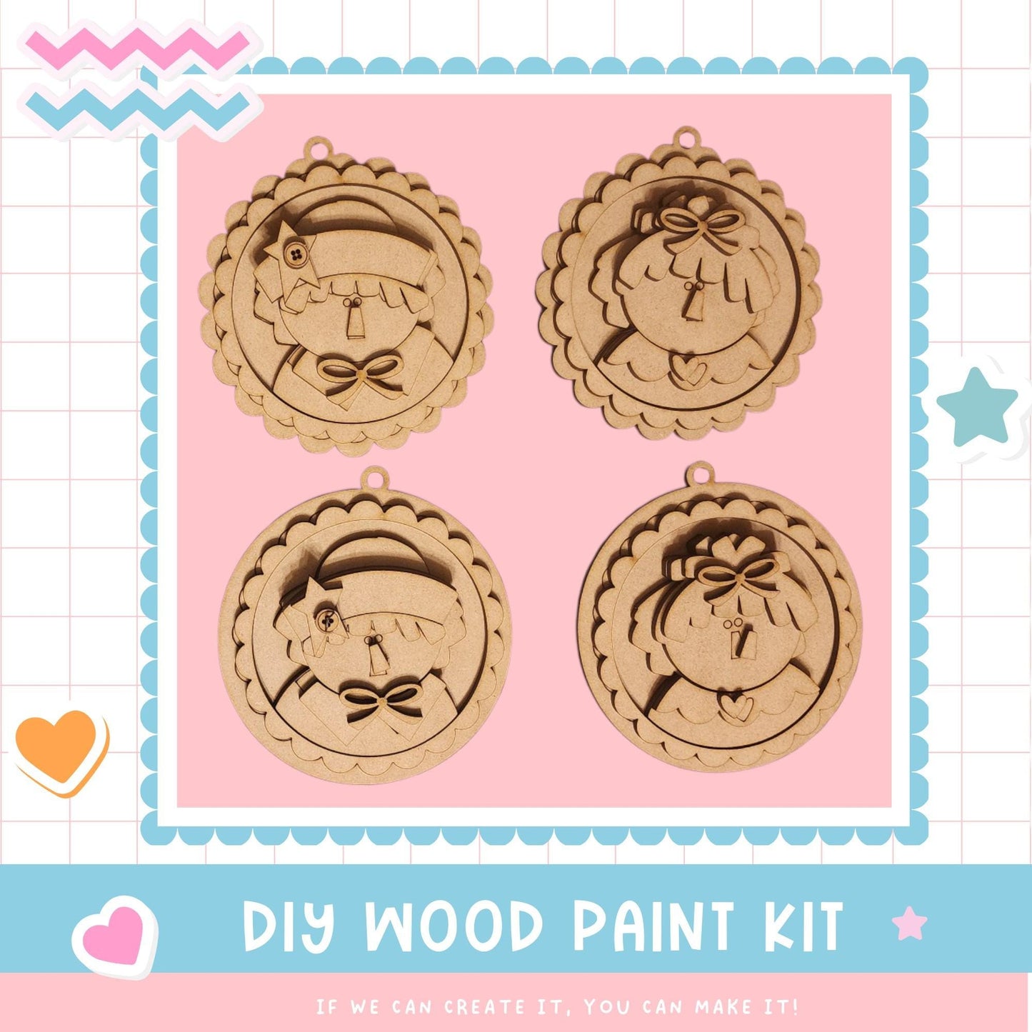 a set of three wooden cutouts of a girl with a bow on her head