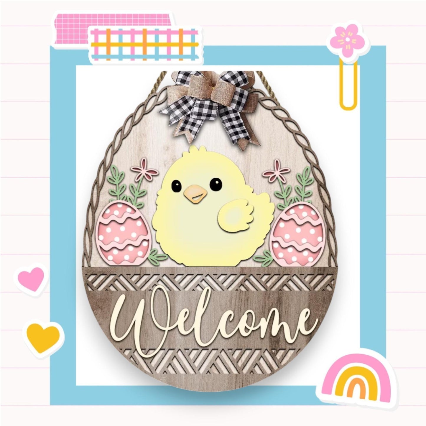 a wooden sign with a chicken in a basket