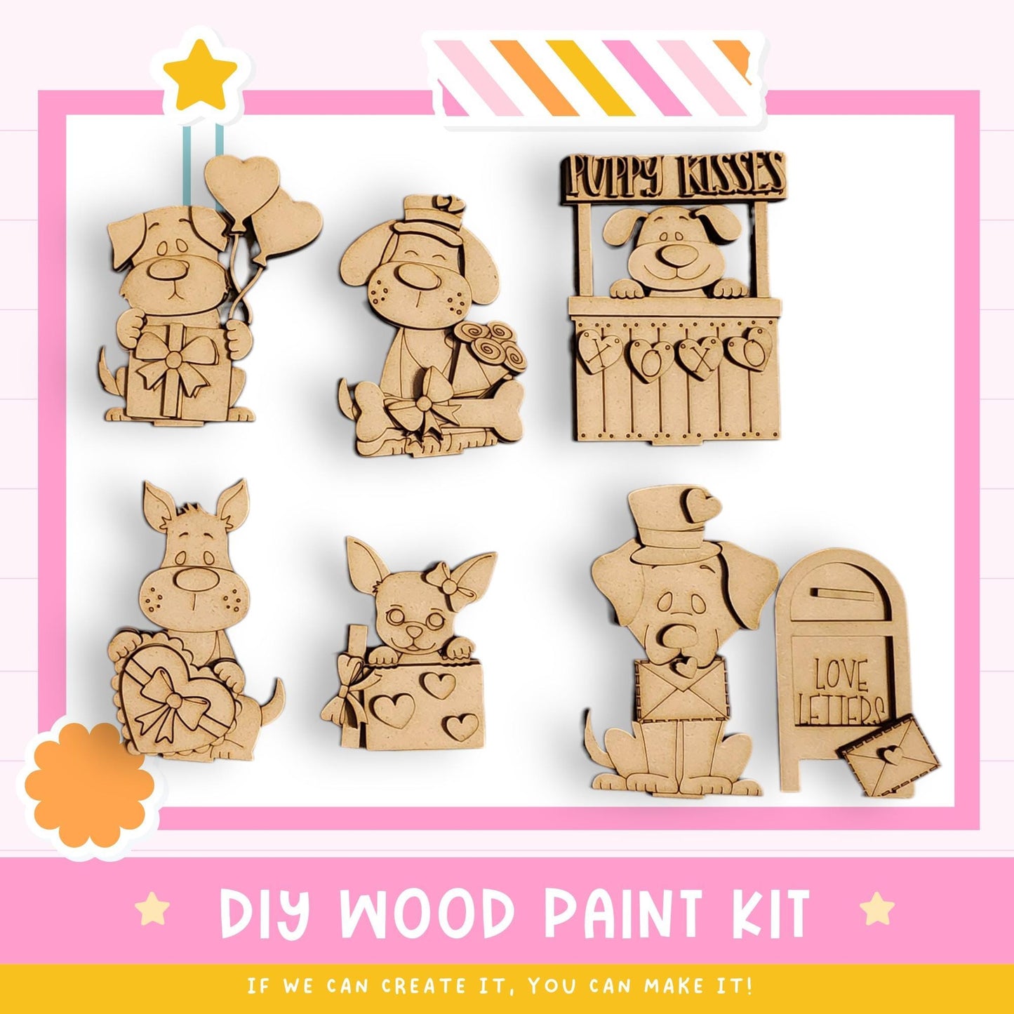 The image is a DIY wood paint kit featuring various wooden animal figurines and a sign that says "Puppy Kisses".