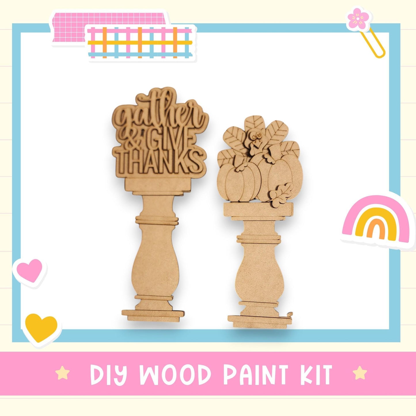 two wooden paint kits, one with a pumpkin and the other with a heart, set against a white background with a pink border.