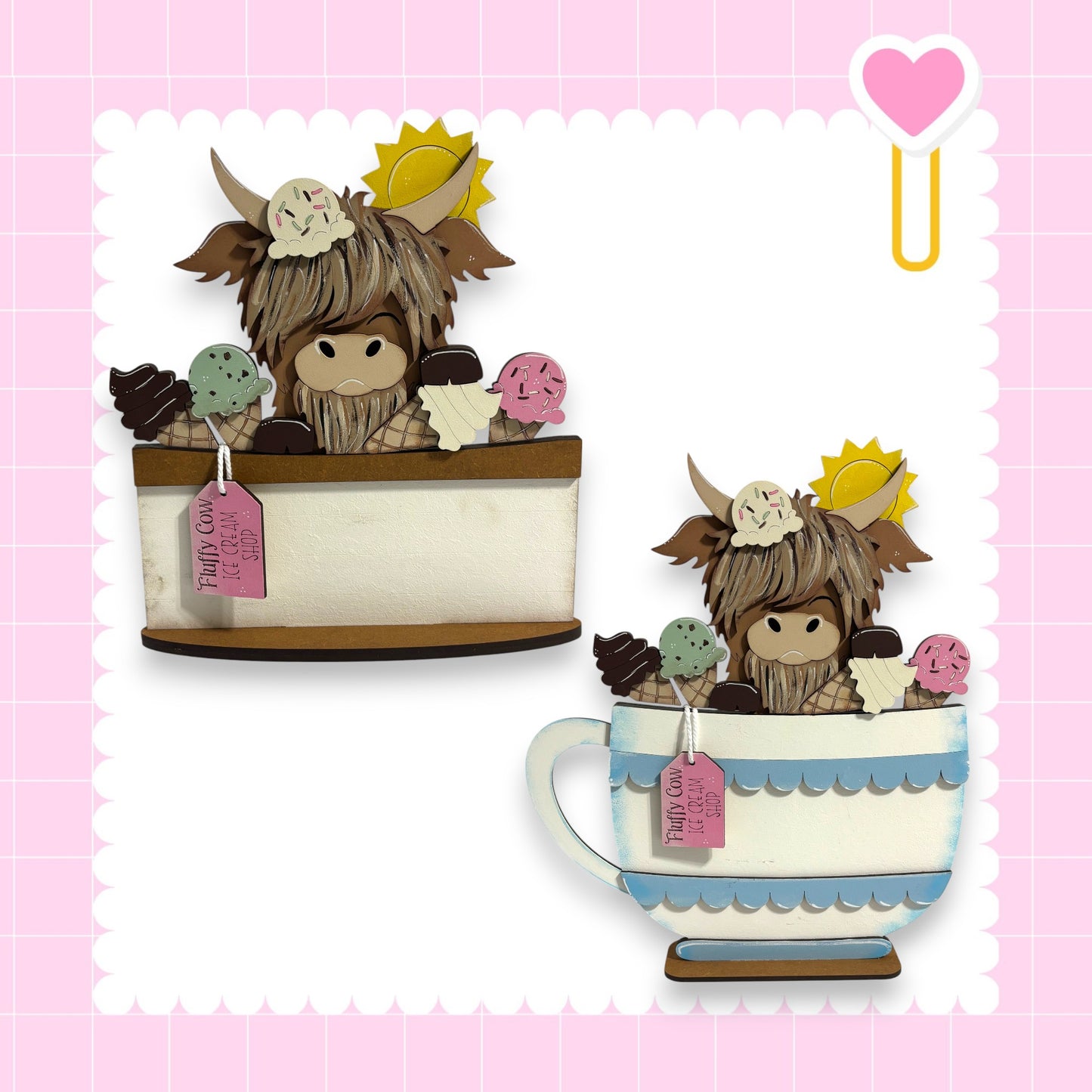 two wooden cutouts of a cow or bull sitting inside a cup or teapot, surrounded by various desserts such as ice cream and cake.