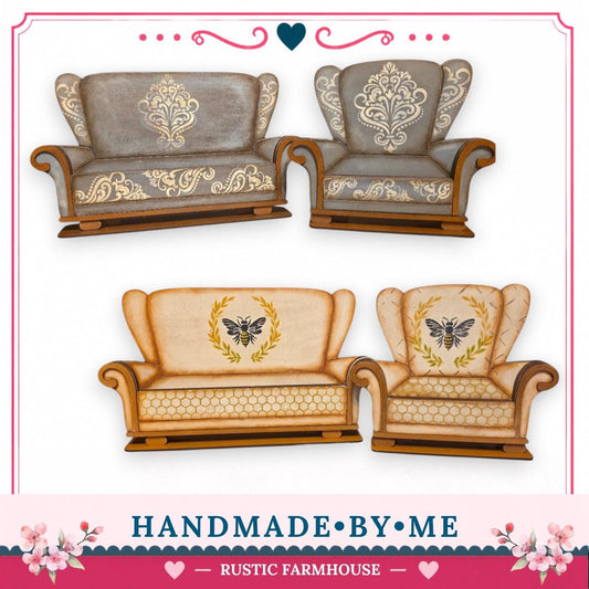 a collection of hand-painted furniture, including two armchairs and a sofa, with intricate floral designs. The furniture appears to be handmade and is displayed in a rustic farmhouse style.