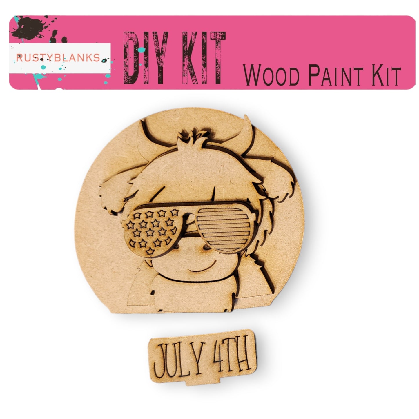 a DIY kit for a wood paint kit, including a wooden figure wearing sunglasses and a sign indicating the date "July 4th".