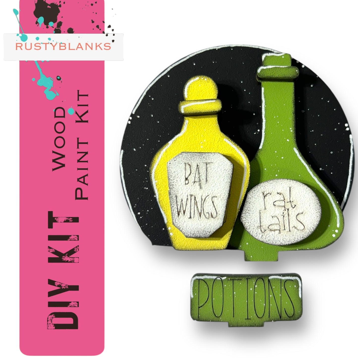 The image is a DIY kit for painting wooden bottles with labels, including a "POTIONS" label.