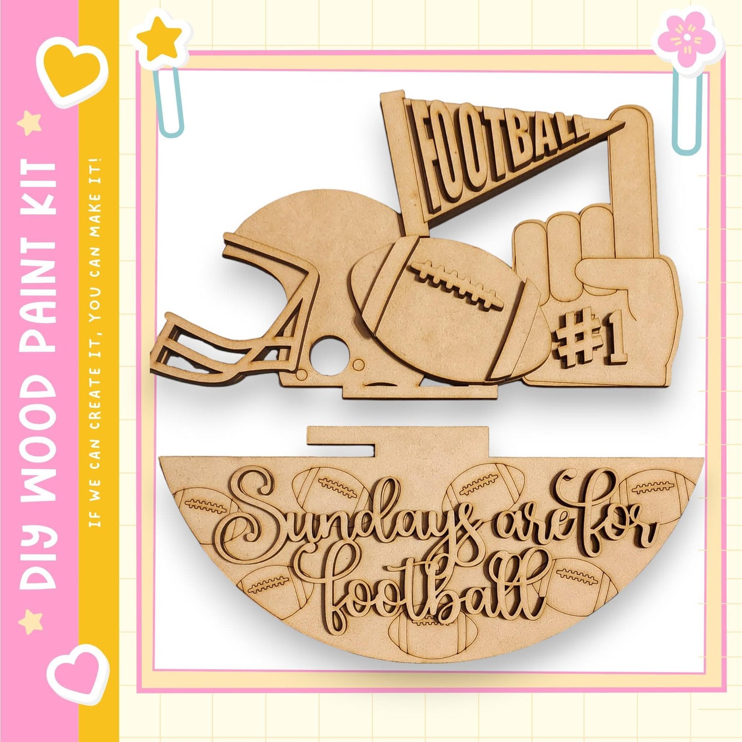 a wooden football-themed kit with various football-related items, including a football helmet, a football, and a sign that says "Sunday are for football".