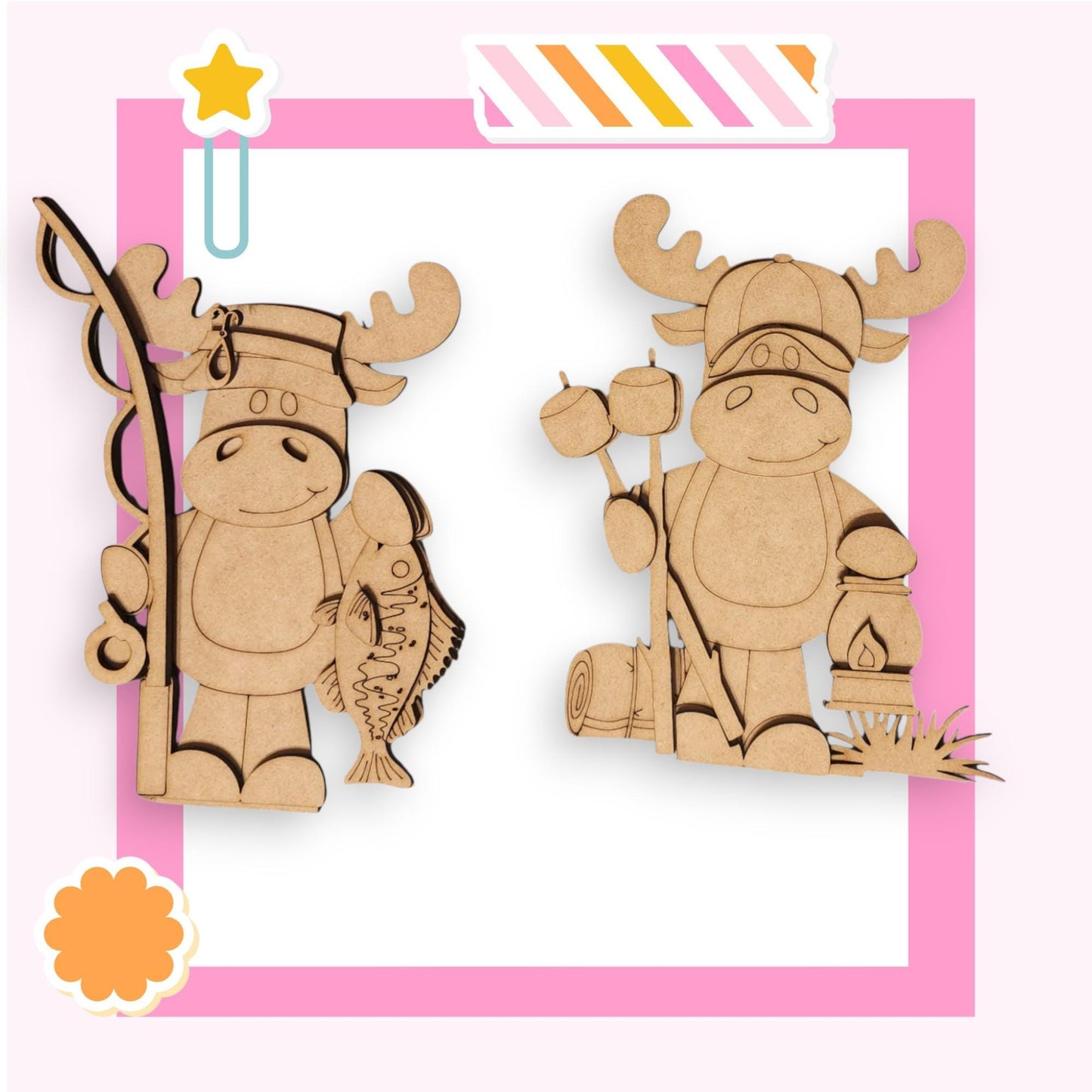 two wooden cutouts of a moose and a fish
