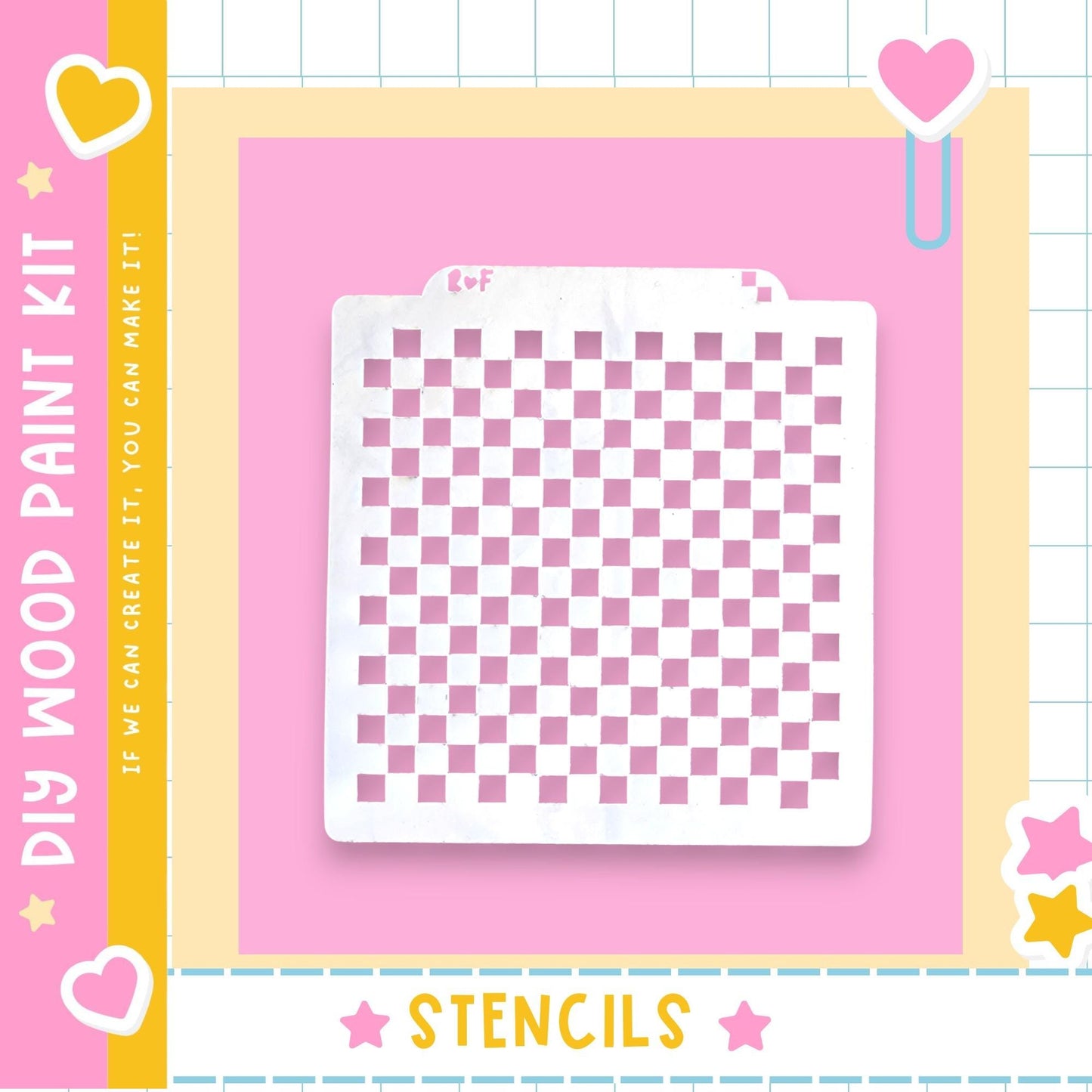 a white stencil with a checkered pattern on a pink background.