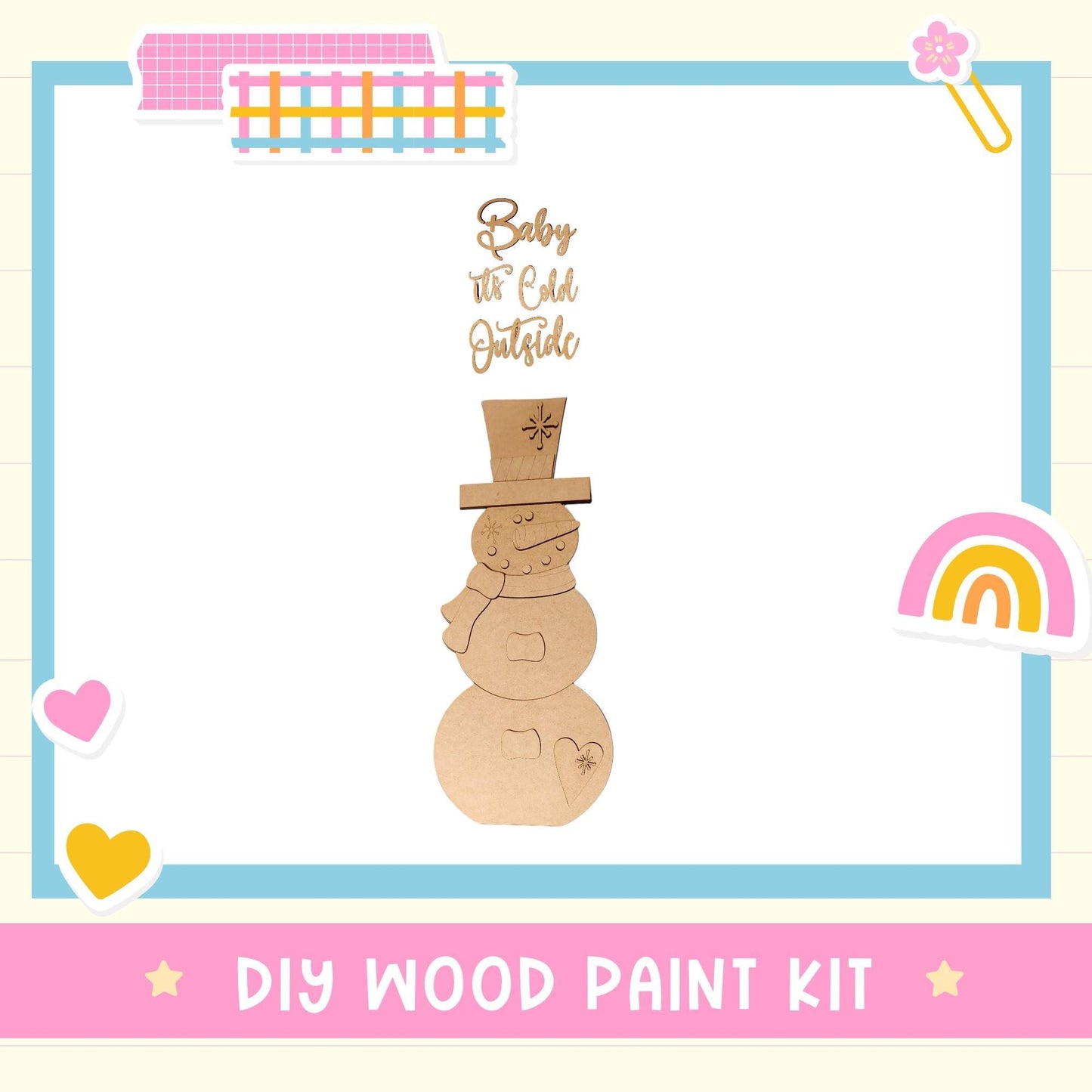 a DIY wood paint kit for creating a snowman, with a colorful border and various decorative elements surrounding the snowman.