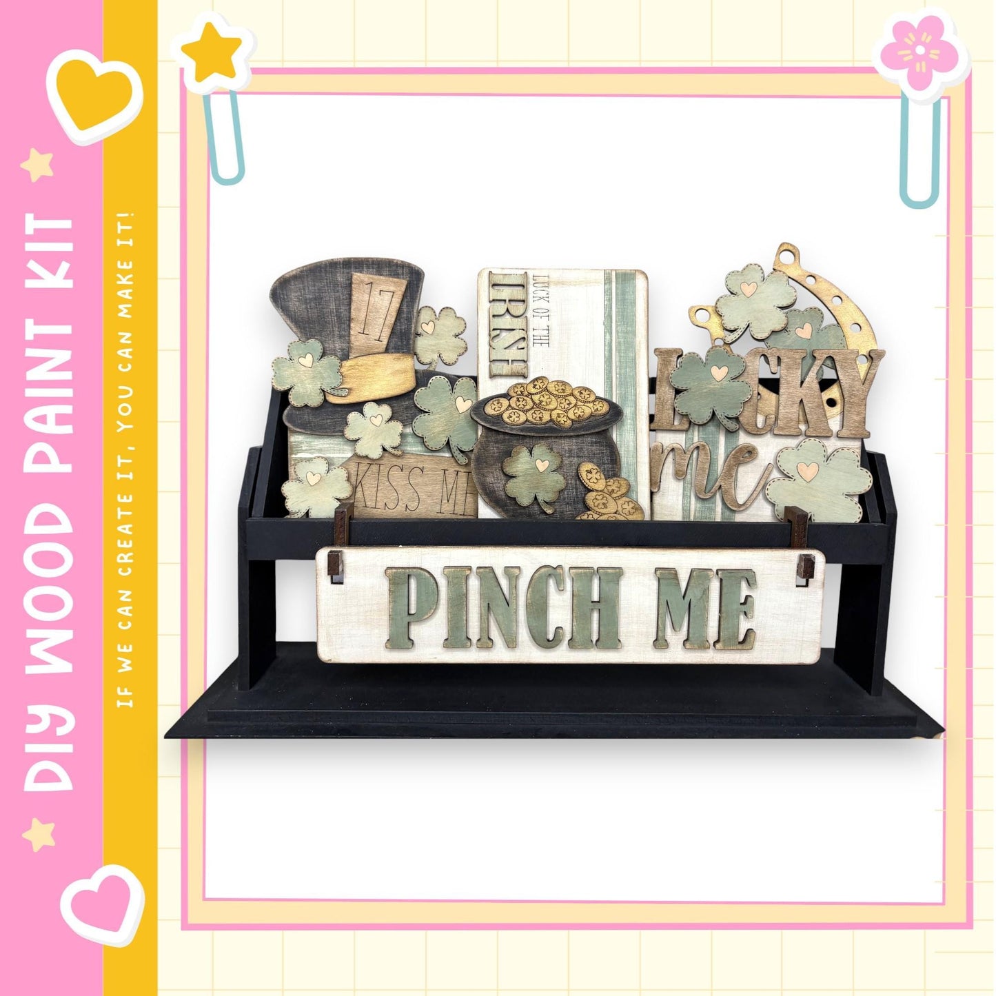 a wooden shelf with various decorative items, including a sign that says "Pinch Me" and a pot of gold coins.
