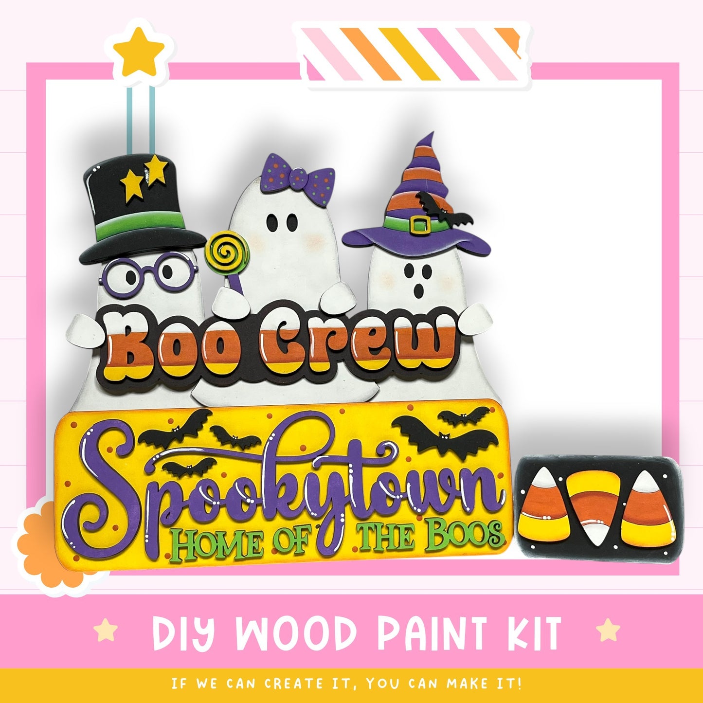 The image is a promotional poster for a DIY wood paint kit for creating Halloween decorations. It features three spooky ghost characters with unique accessories, such as a top hat, glasses, and a witch's hat, along with a sign that says "Spookytown Home of the Boos".