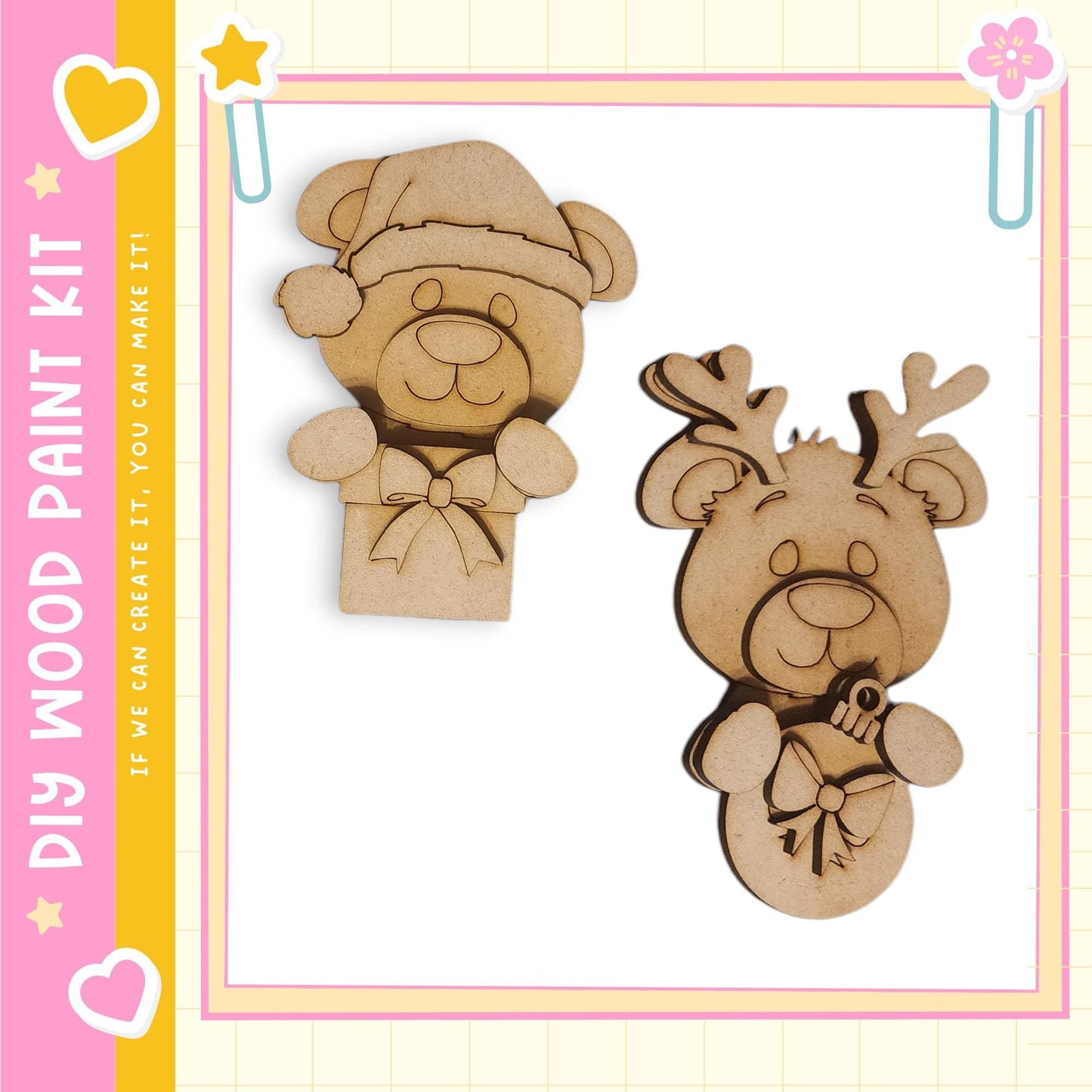 two wooden cutouts of bears, one wearing a hat and the other with antlers, displayed against a pink and yellow background.
