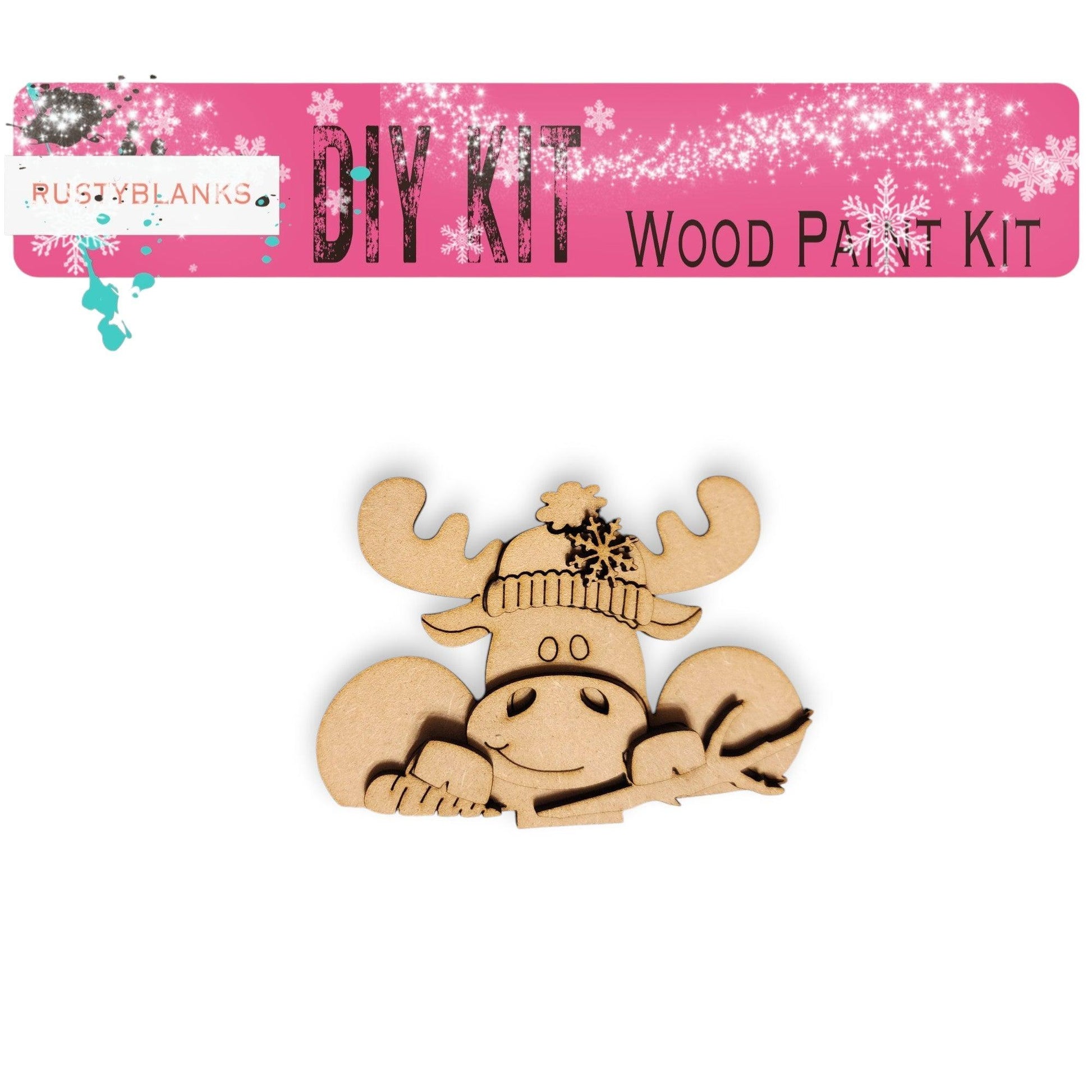 a wooden cutout of a moose with a hat
