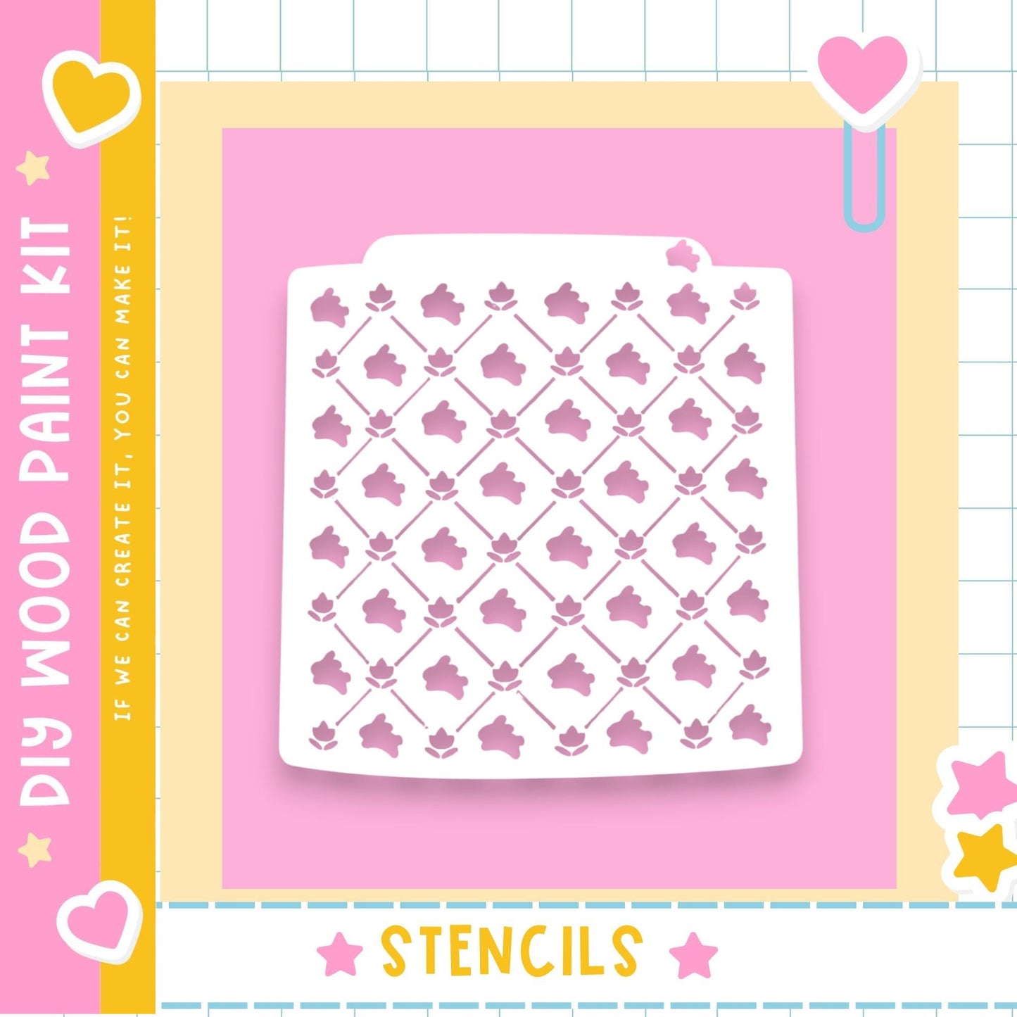 a white stencil with a repeating pattern of pink flowers against a pink background.