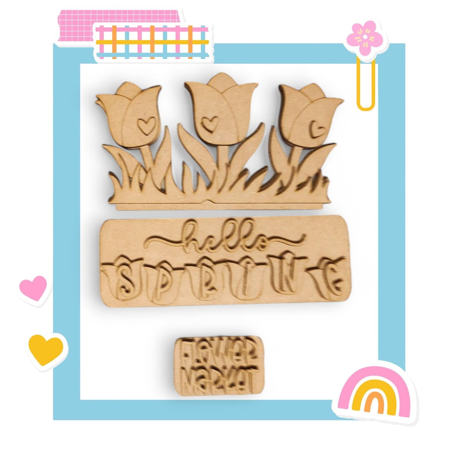 a wooden stamp with flowers and the words hello spring