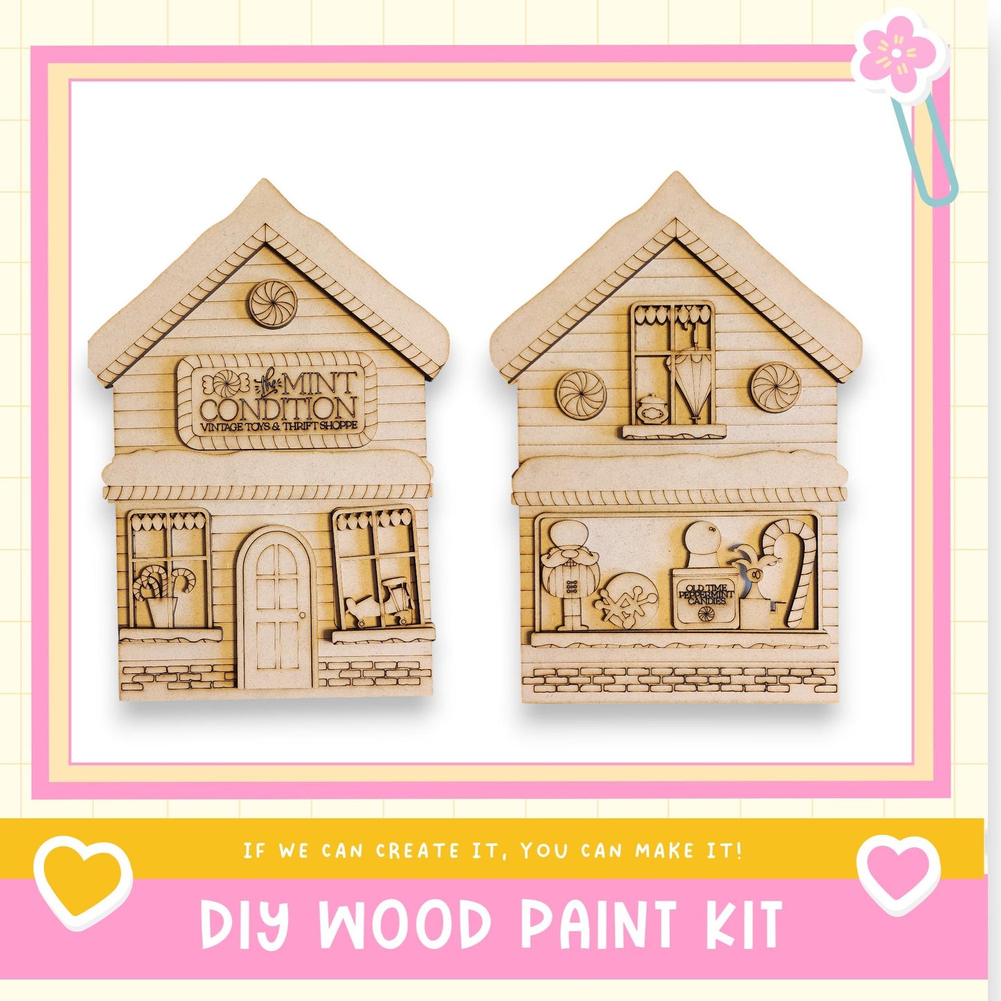 two wooden houses, each with unique designs and decorations, presented as a DIY wood paint kit.