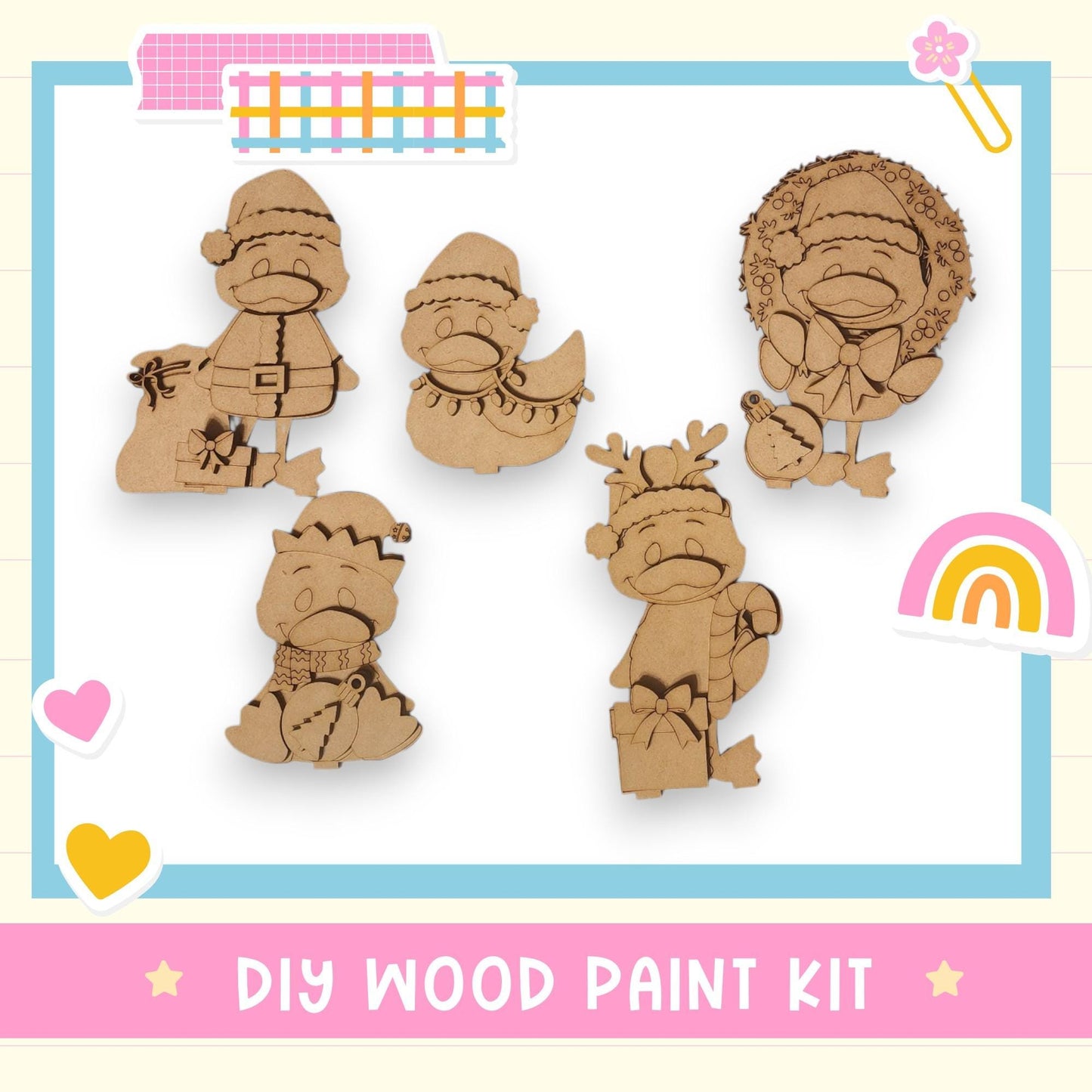 a group of wooden cut outs of cartoon characters