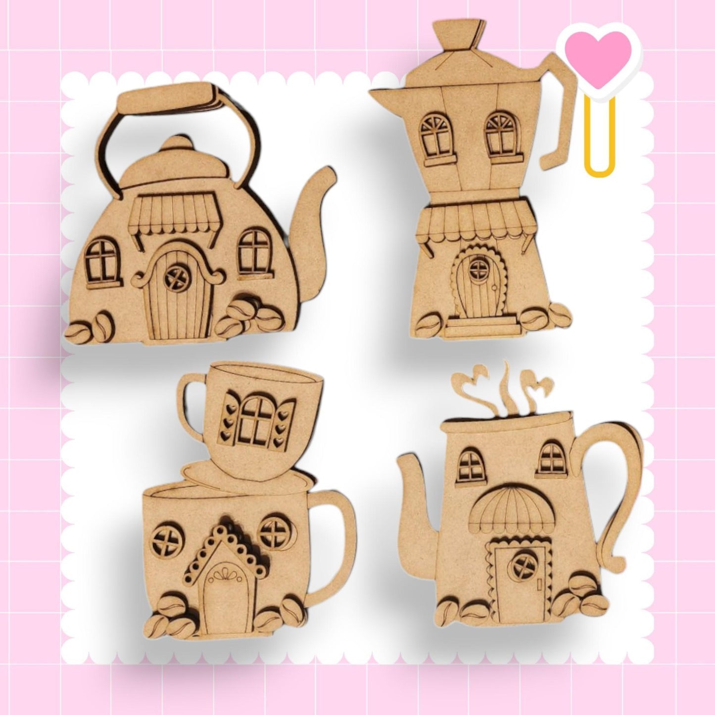 a wooden cutout of a teapot and a teapot shaped like a house