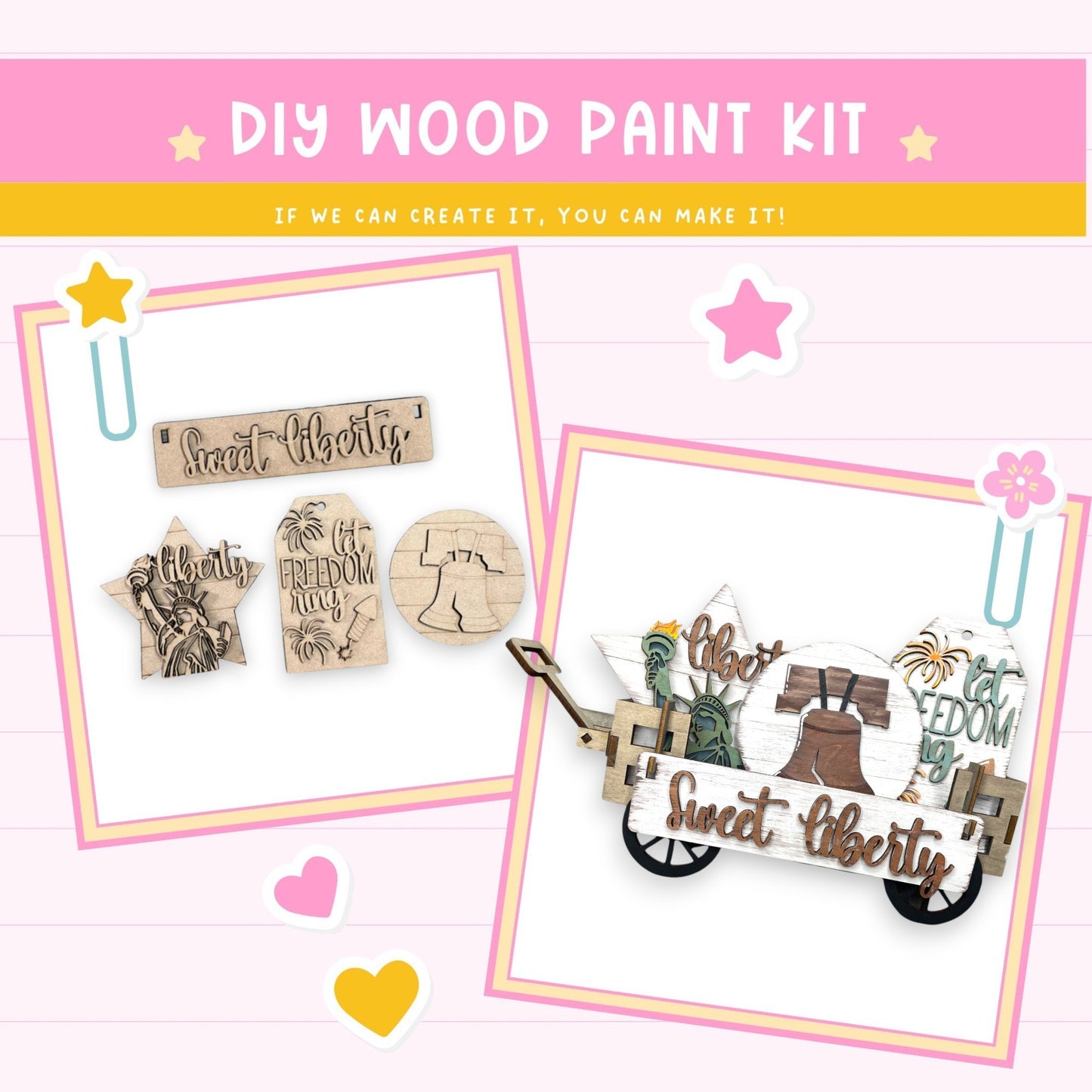 a picture of a wooden craft kit with a picture of a wagon