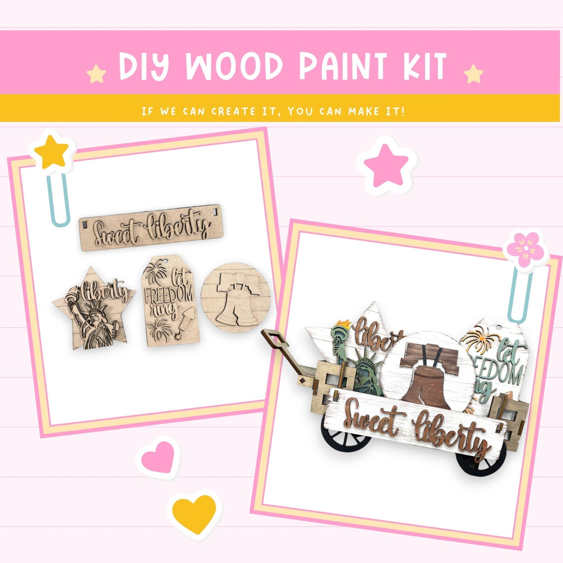 a picture of a wooden craft kit with a picture of a wagon