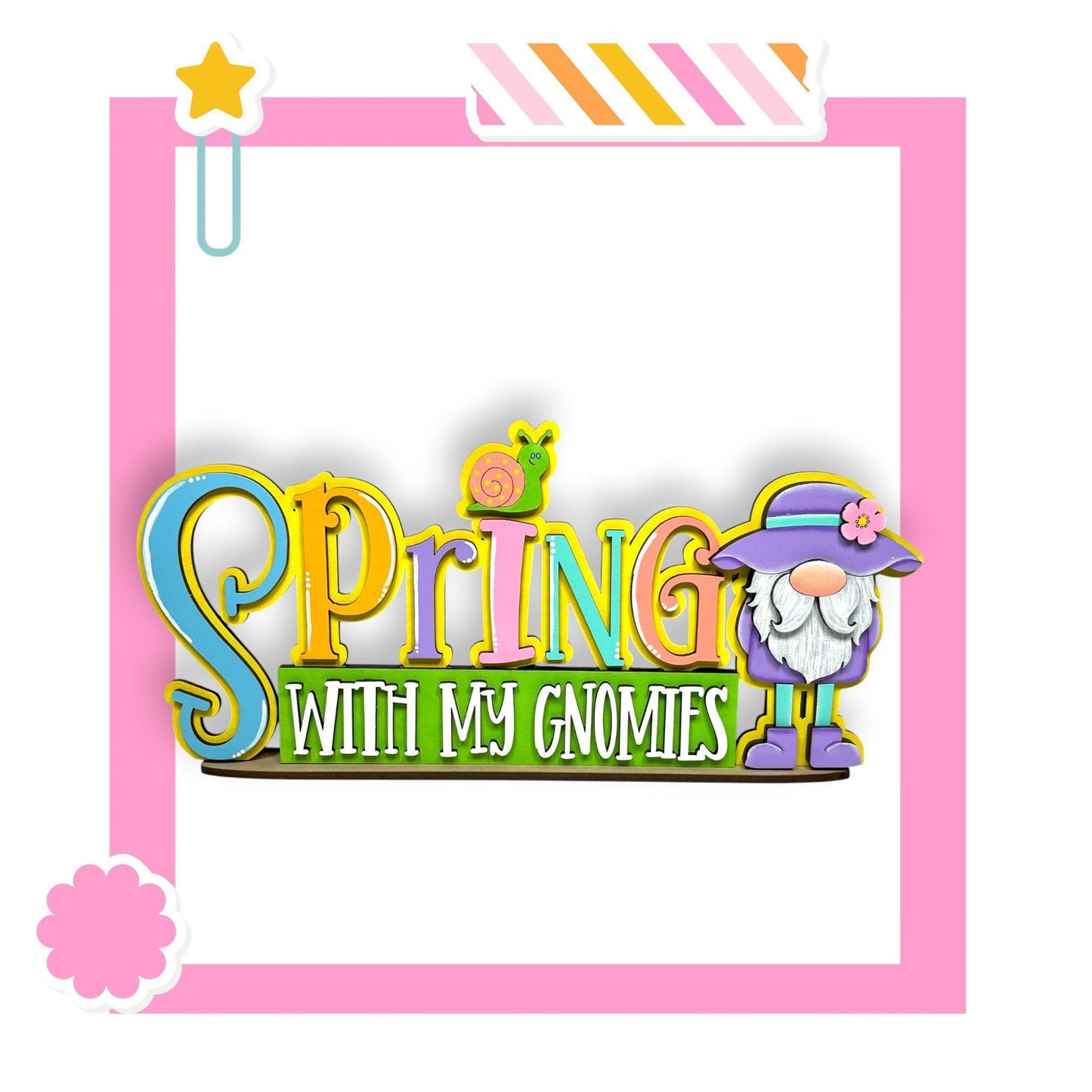 a pink frame with the words spring with emo gnomes