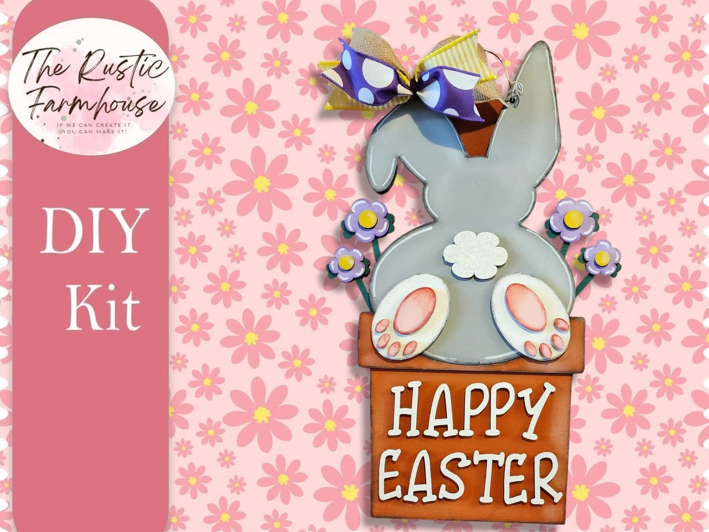 Happy Easter Bunny Door Hanger, Unfinished DIY Wood Kit, Blanks to Decorate Home Decor, DIY Bunny Butt Door Hanger - RusticFarmhouseDecor